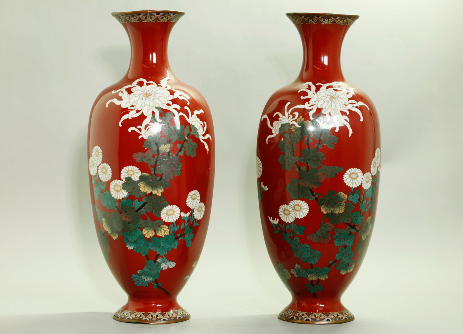 Lg Pr Japanese Meiji Red Cloisonne Floral Vases (1 of 5)