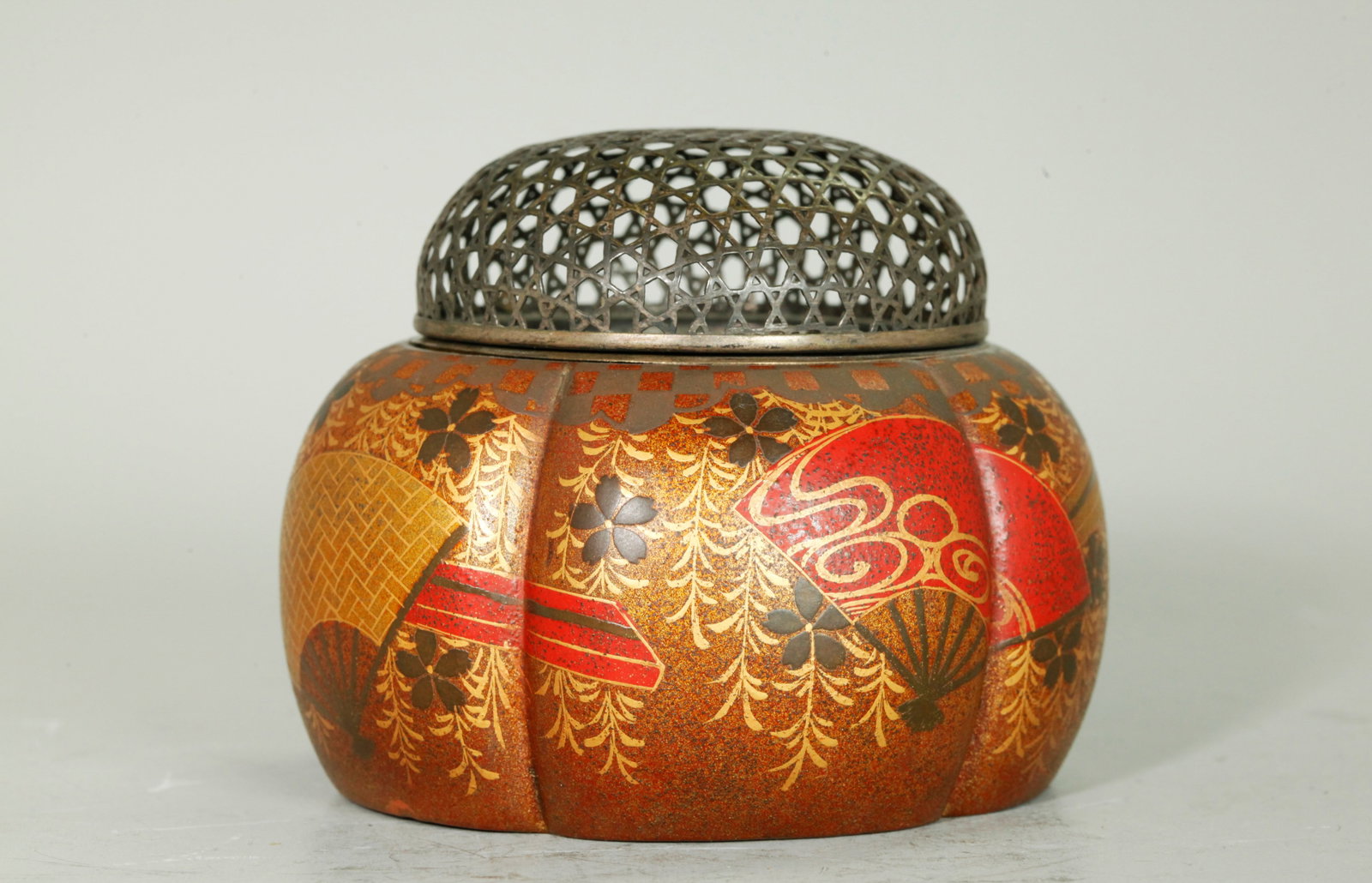 Japanese Lacquer & Silver Metal Censer: Japanese speckled Lacquer over wood or composition Censer, probably late Edo Period, with a design of Fans ahd hanging floral branches over 5 lobes over a flat base, the inside lined with round Silver