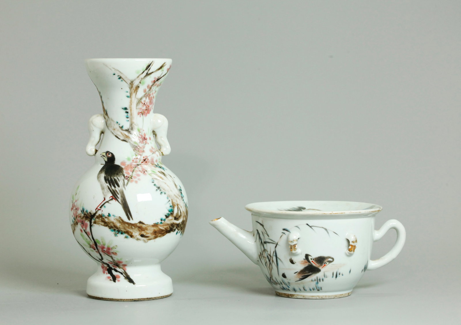 2 Chinese Artist Enameled Porcelains Vase Zhadou: 2 Chinese Artist Enameled Porcelains: a Vase with Elephant Head handles to neck and a bird on flowering branches with calligraphy to the reverse; together with a Zhadou pot with spout, handle and wide