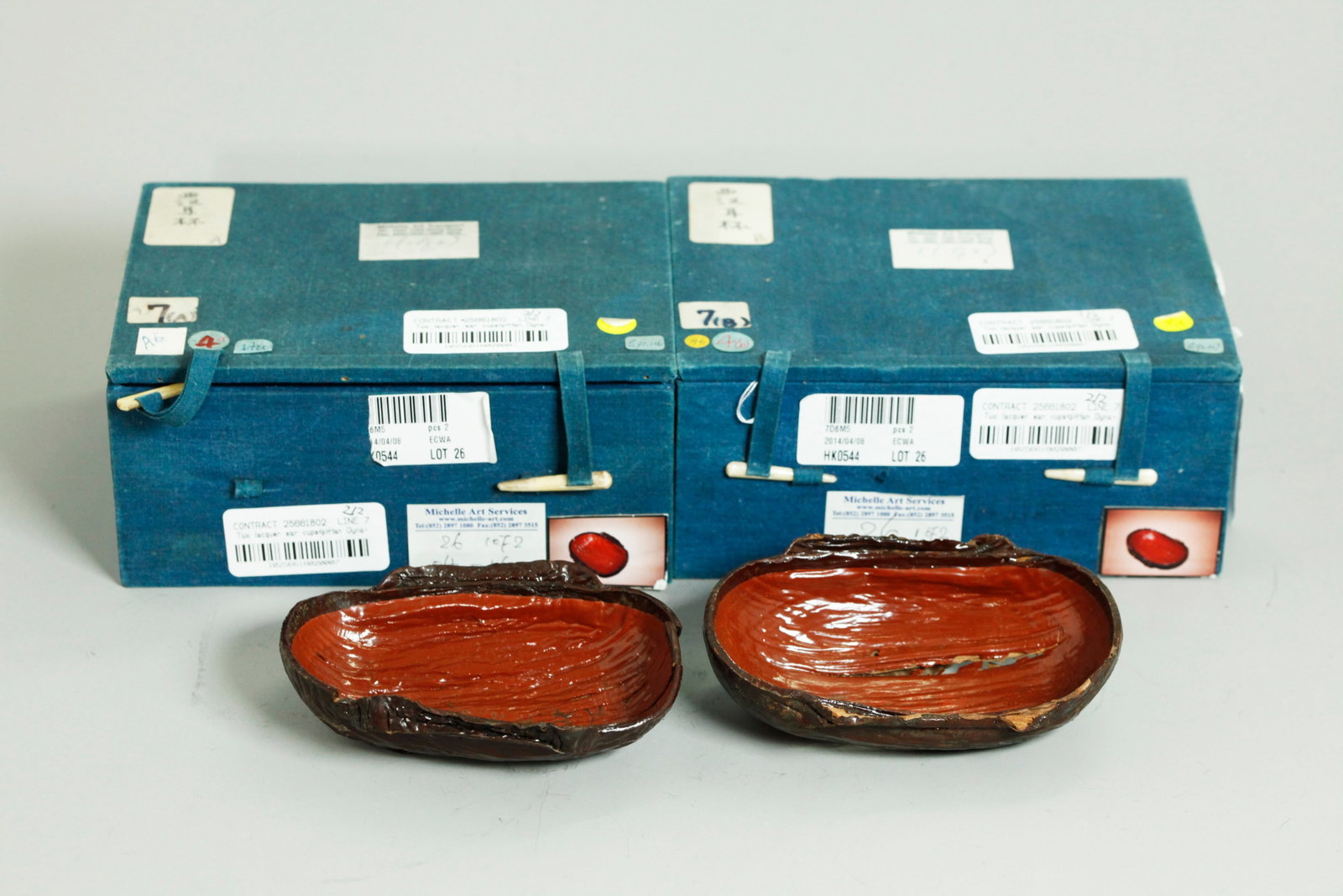V Rare Pr Chinese Han Lacquer Ear Cups Exhibited (1 of 8)