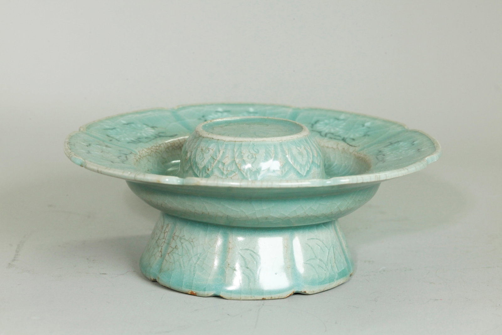 Korean Celadon Carved & Inlaid Porcelain Cup Stand (1 of 5)