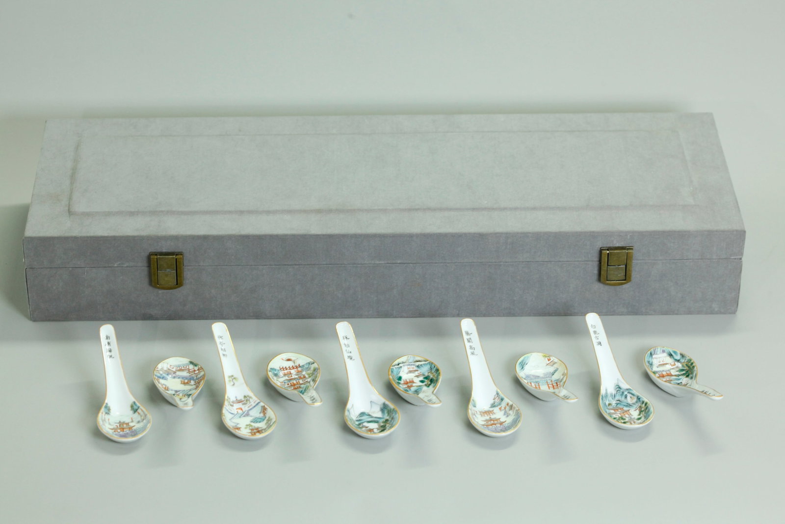10 Chinese 19th C Porcelain Landmark Spoons: 10 Chinese 19th Century Porcelain Spoons each with a scene of famous Chinese Travel landmark with calligraphy inscription to handle, each glazed on small spur marks to bottom with a 6 character Daogua