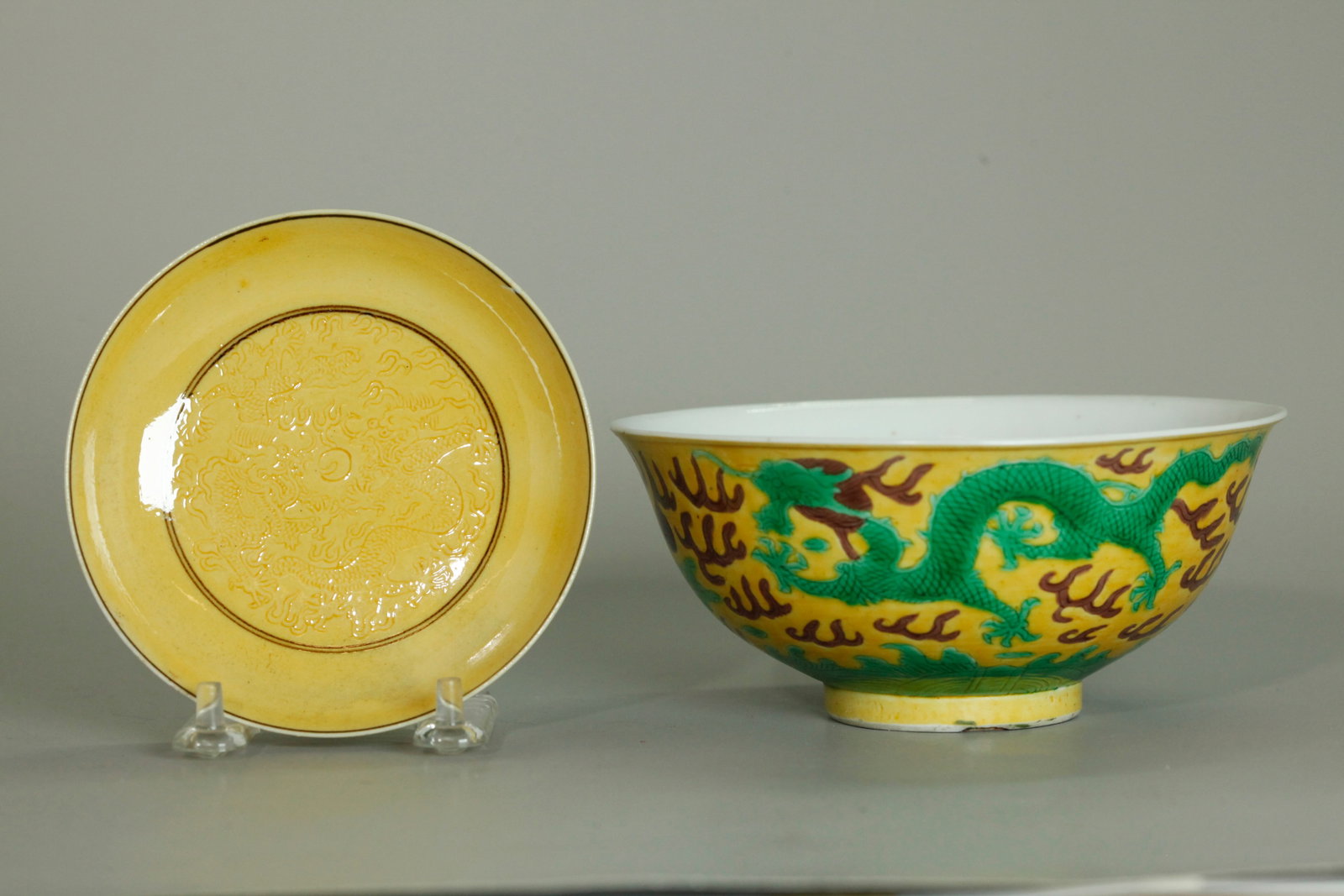 2 Chinese Yellow Dragon Porcelains; Bowl & Plate (1 of 6)