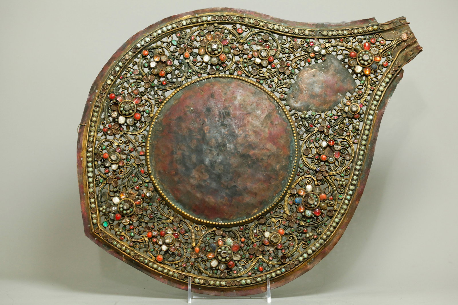 Tibetan 18/19th C Jeweled Gilt Copper Mandorla: Tibetan 18th/19th Century "Jeweled" & Pierced Gilt Copper Lotus-Petal Shaped Mandorla of gilt wires forming scrolling flowers, each bezel set with corals, turquoise, various crystal and hard stone cab