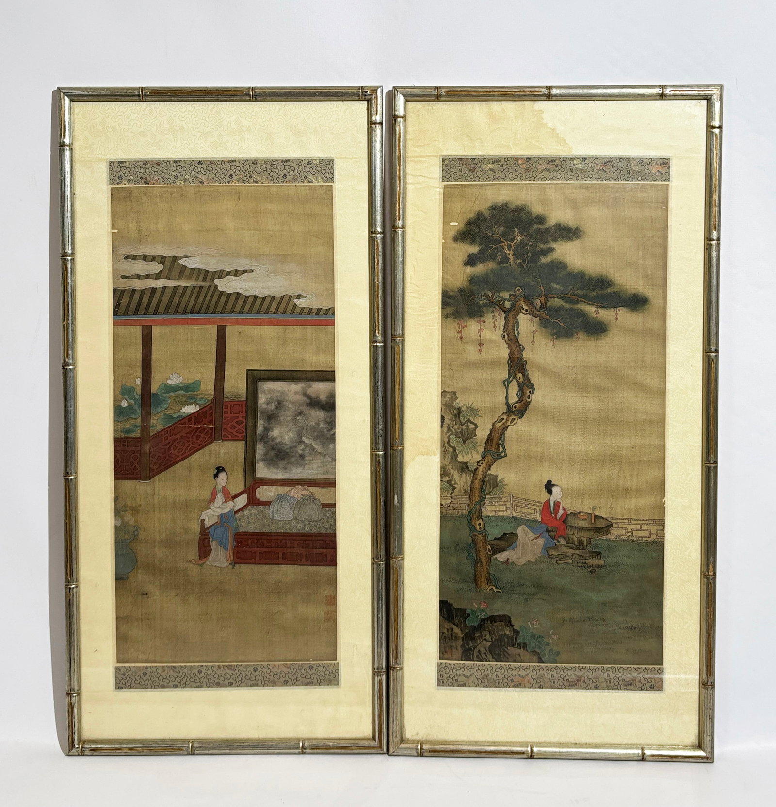 Pr Chinese 18/19C Silk Paintings Beautiful Ladies: Fine Pair Chinese 18th or 19th Century Paintings on Silk of Beautiful Court Ladies, one Lady contemplating, seated at a Garden Rock Table with incense burner & tool vase under an aged Pine Tree with 1