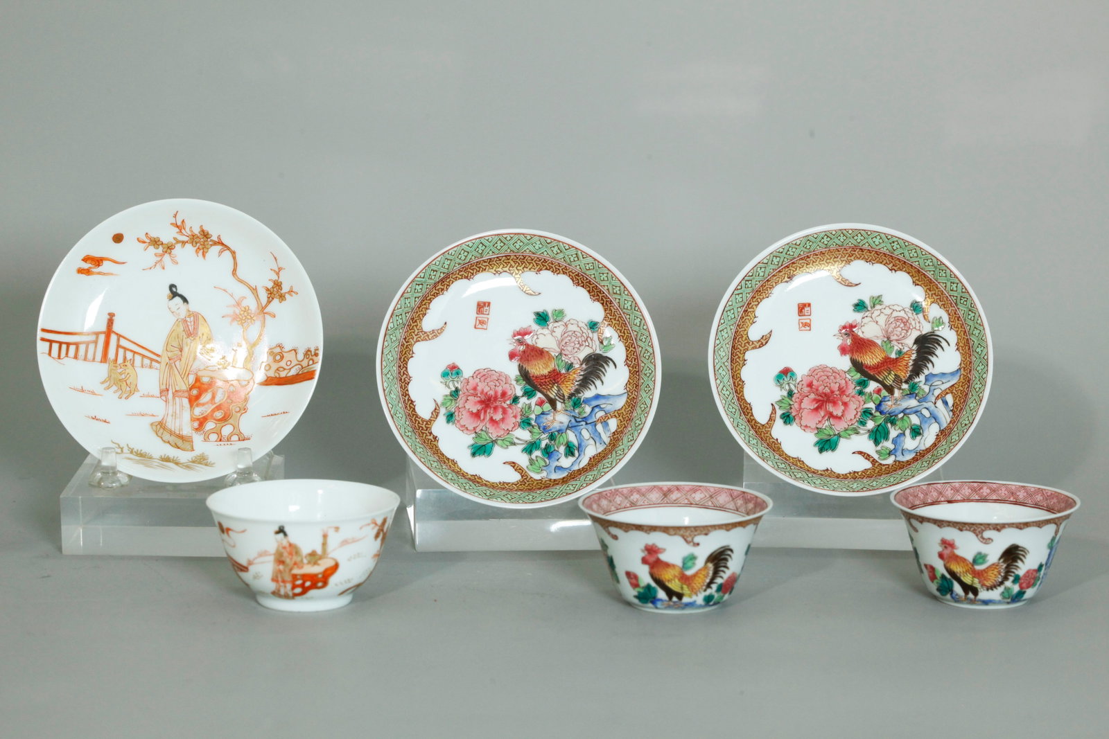 3 Fine Chinese Enameled Porcelain Cups & Saucers (1 of 6)