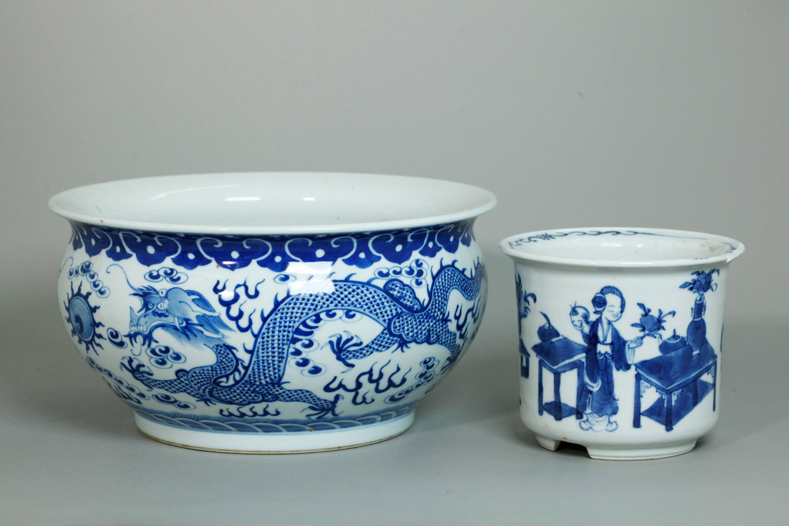 Chinese Blue White Porcelain Censer Sm Planter: Chinese Blue White Porcelain Censer with a pair of 5 claw Dragons either side of a Flaming Pearl in clouds & flames over waves with a 6 character Qianlong seal mark to glazed base; together with a Sma