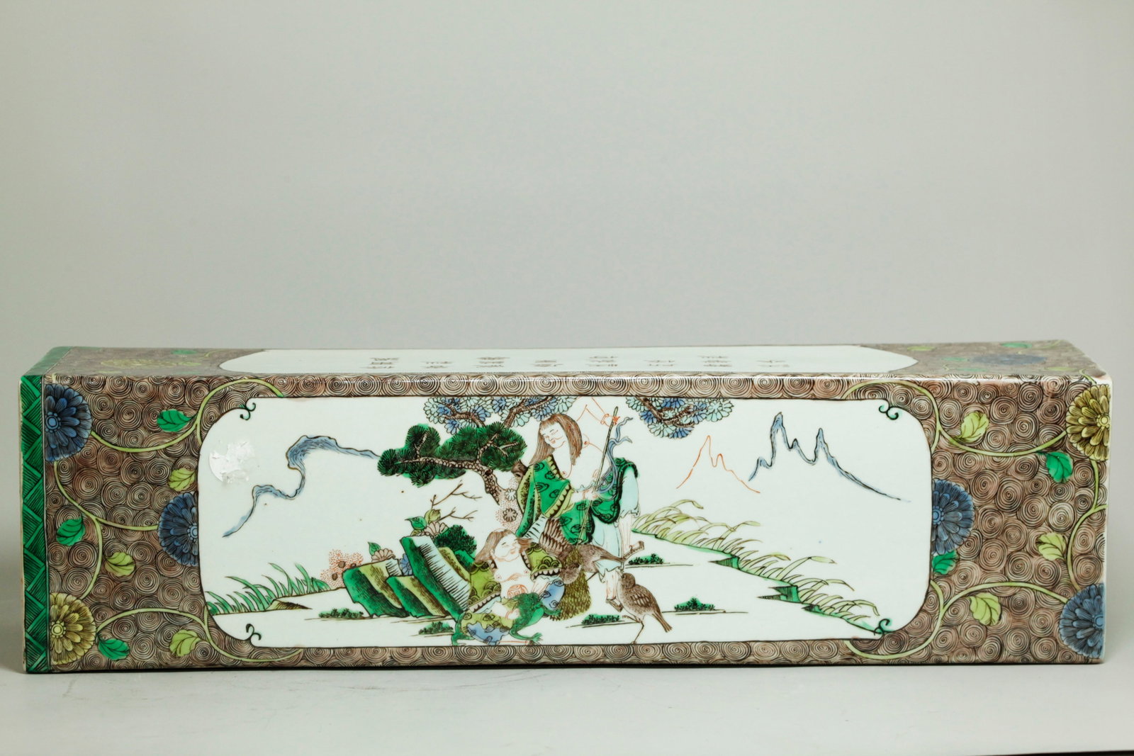 Lg Chinese 19th C Famille Verte Porcelain Arm Rest: Large Chinese 19th Century Famille Verte enameled Porcelain 4 Sided Kang Arm Rest with a ground of scrolling flowers on coiled pattern; a panel to the wide top side with Liu Hai & Toad with Zhang Guol