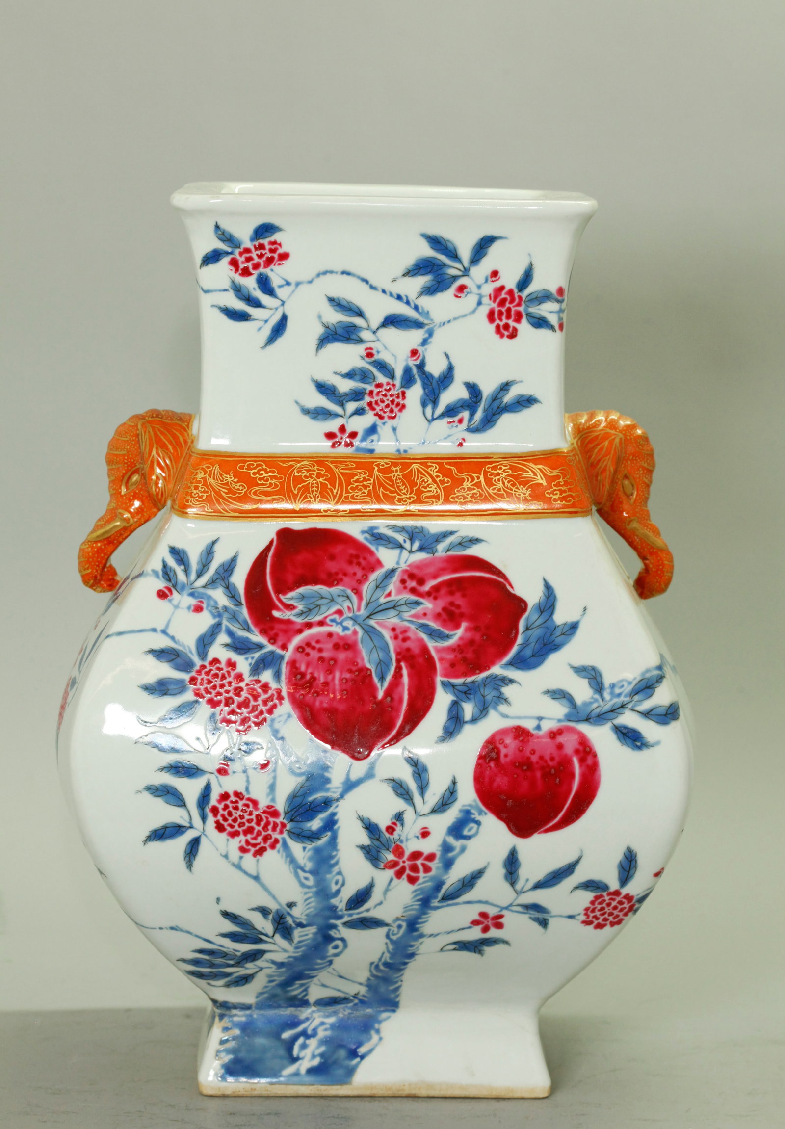 Lg Chinese 4 Sided Peach & Bat Porcelain Hu Vase (1 of 5)