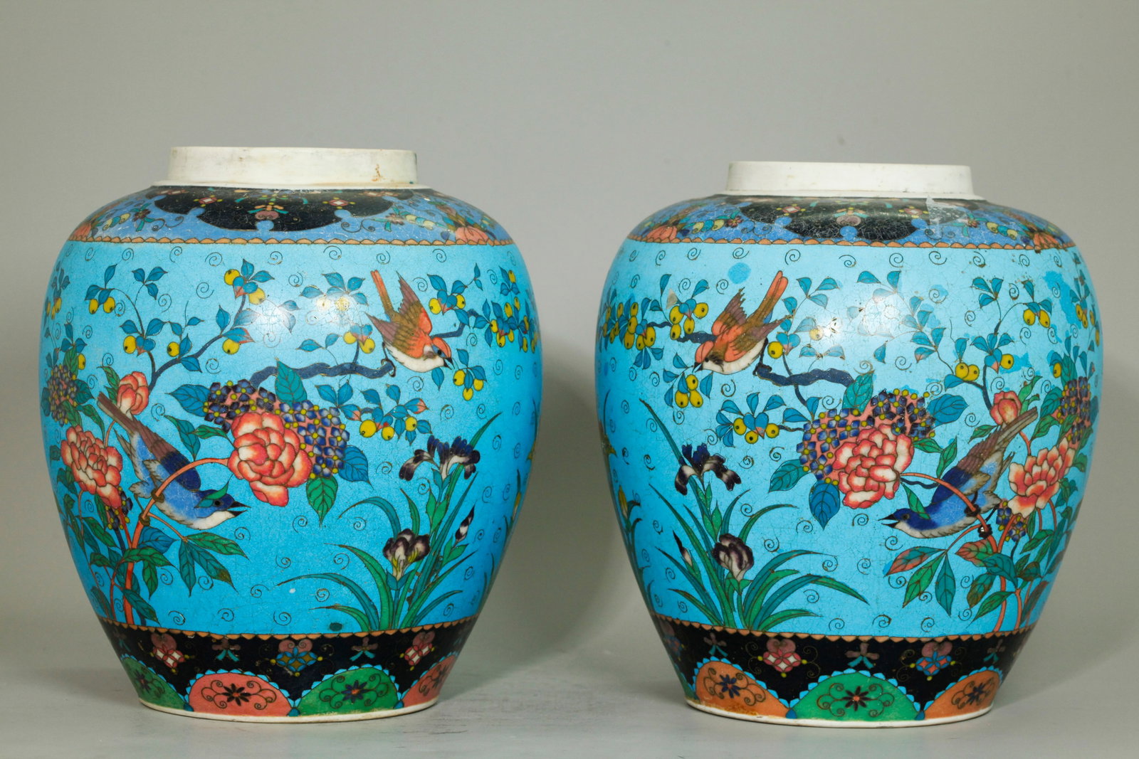 Lg Pr Japanese Meiji Cloisonne Porcelain Jars (1 of 5)