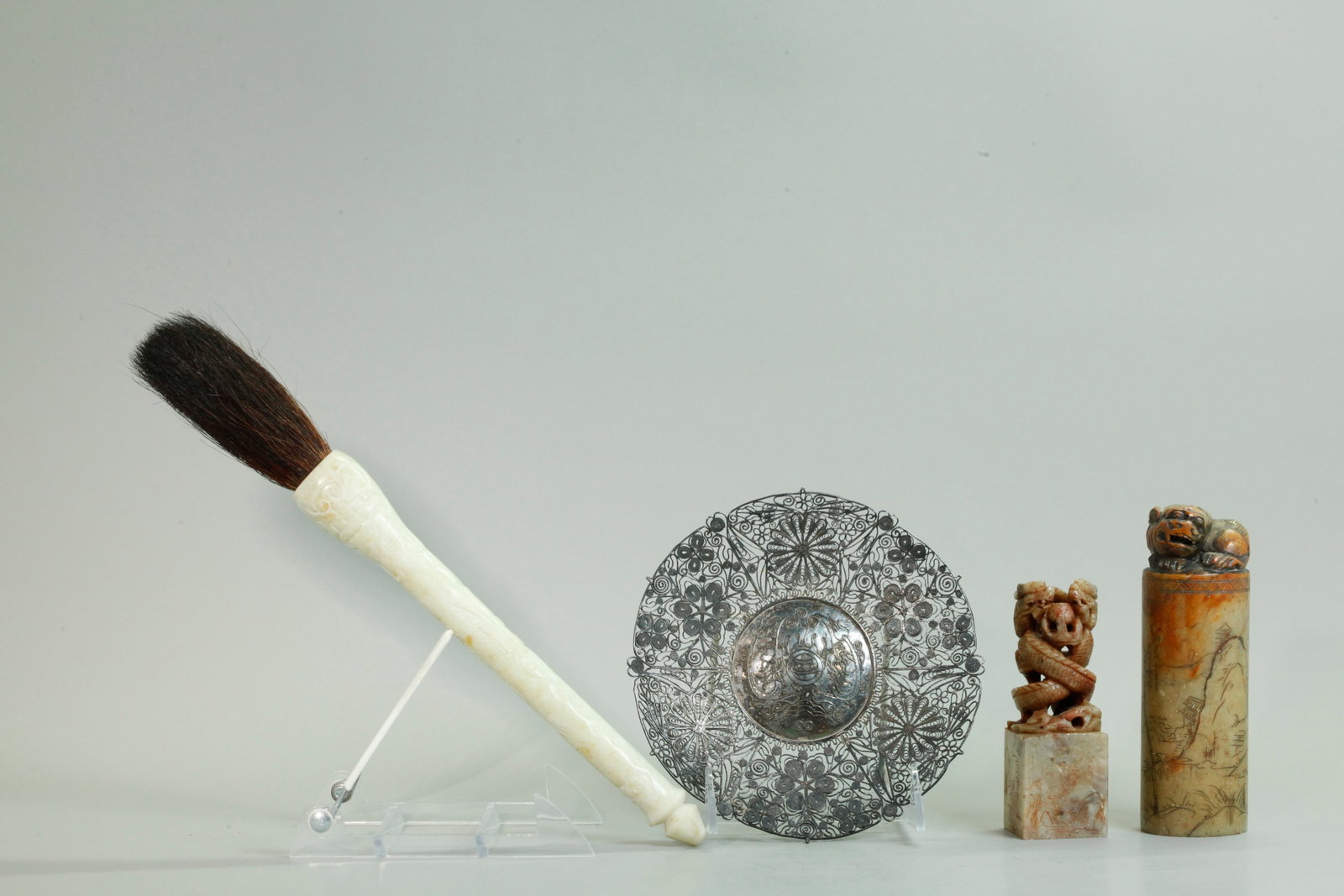 Chinese Silver Wire Plate 2 Lg Seals 1 Stone Brush (1 of 8)