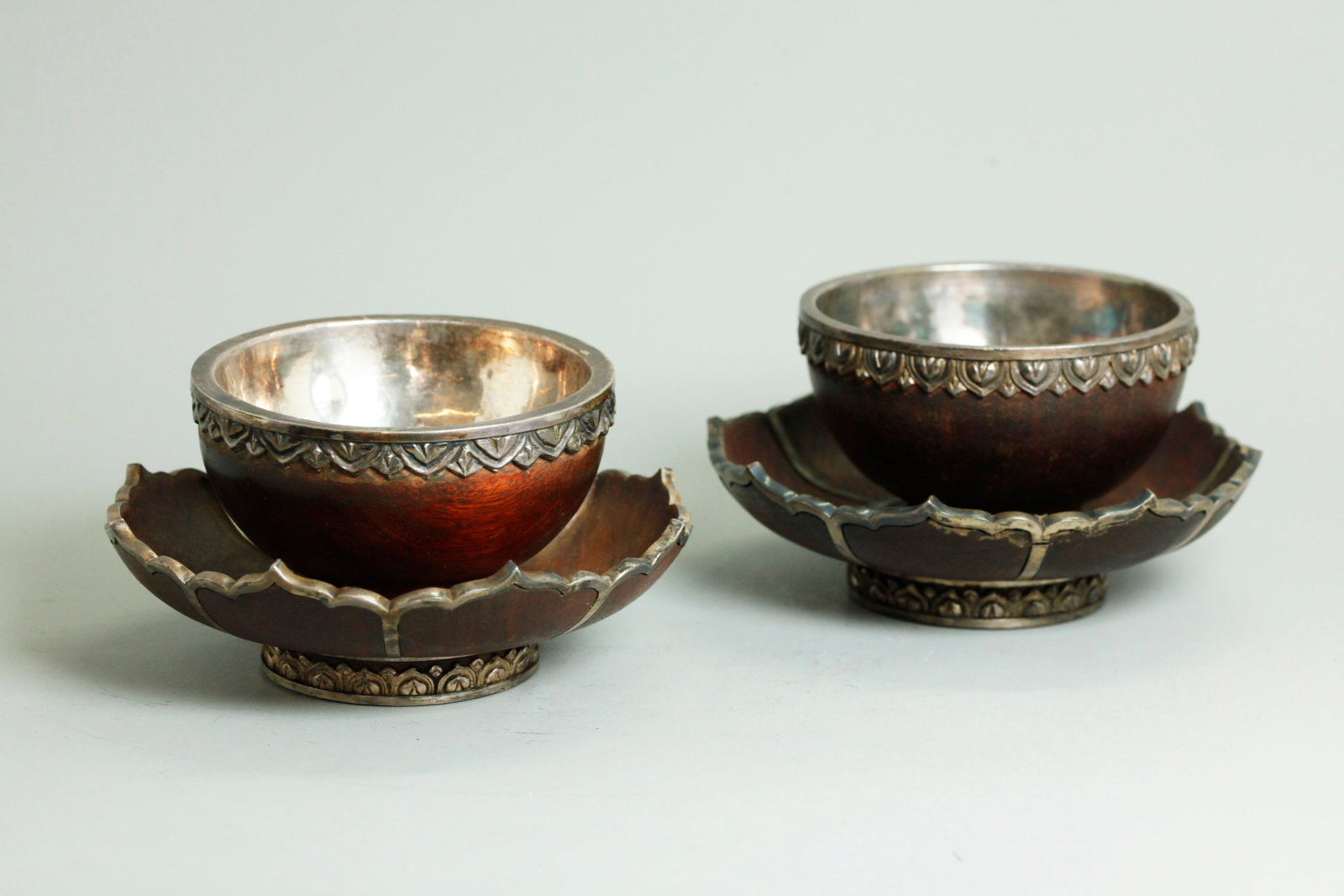2 Tibetan Wood & Silver Ritual Bowls & 2 Plates (1 of 6)
