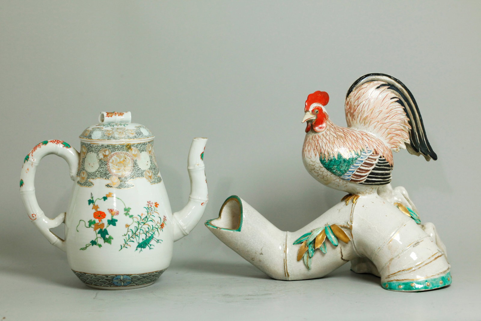 2 Japanese 19 C Kyoto Ceramics: Pitcher Okimono (1 of 7)