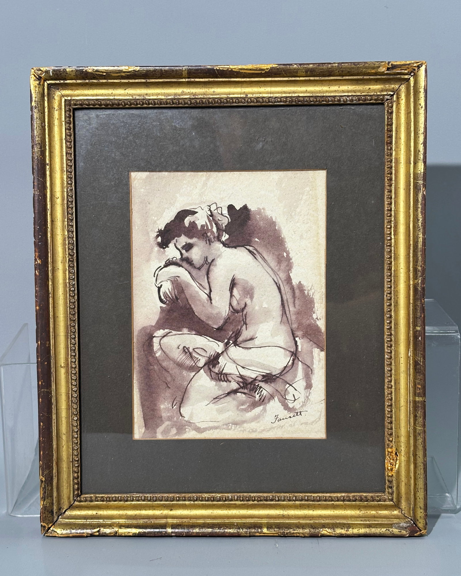 Dean Fausett; Female Nude Resting Ink & Wash Paper: William Dean Fausett (Vermont, 1913 - 1998); Female Nude Resting; ink & wash on paper or board signed in ink with title to backing; matted over the art (slightly slipped inside the frame) and framed. 