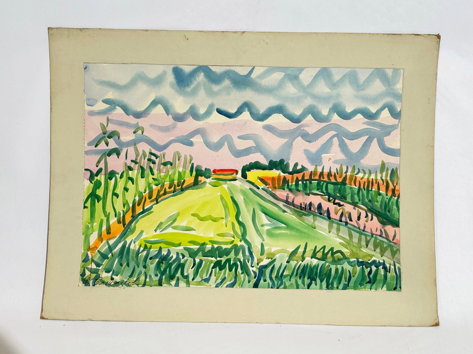 Stojan Trumic (Troumich) "Clover Field" Watercolor: Stojan Trumic (Troumich) (Serbia, 1912-1983); Expressionist Color Watercolor on paper signed to lower corner recto, mounted to backboard with over-mat to the image; with paper label to back board and 