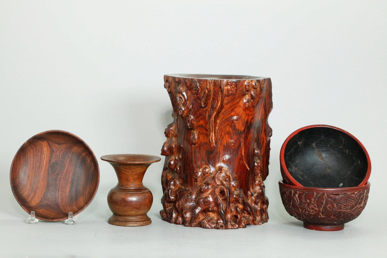5 Chinese Curios: Wood Bitong, Bowls,Zhadou (1 of 6)