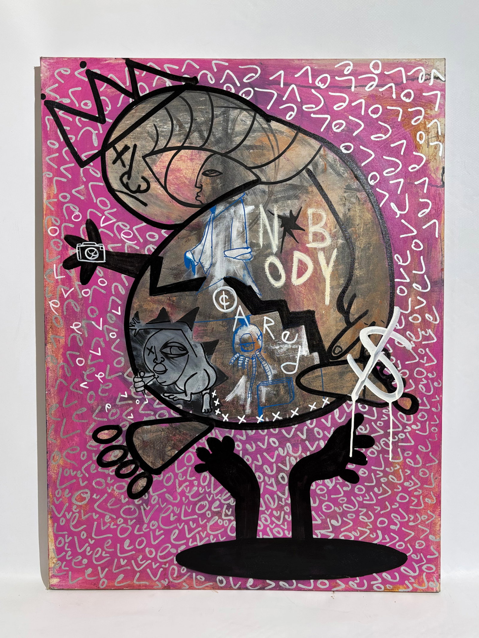 Signed TMNK Birth Love Child Graffiti Mixed Media: Attributed to Scott Patterson (1968-2016 - also known as TMNK, "The Me Nobody Knows"), mixed media on "Edge Gallery" canvas and stretcher with cross bars, signed verso and titled "Birth Of The Lovechi