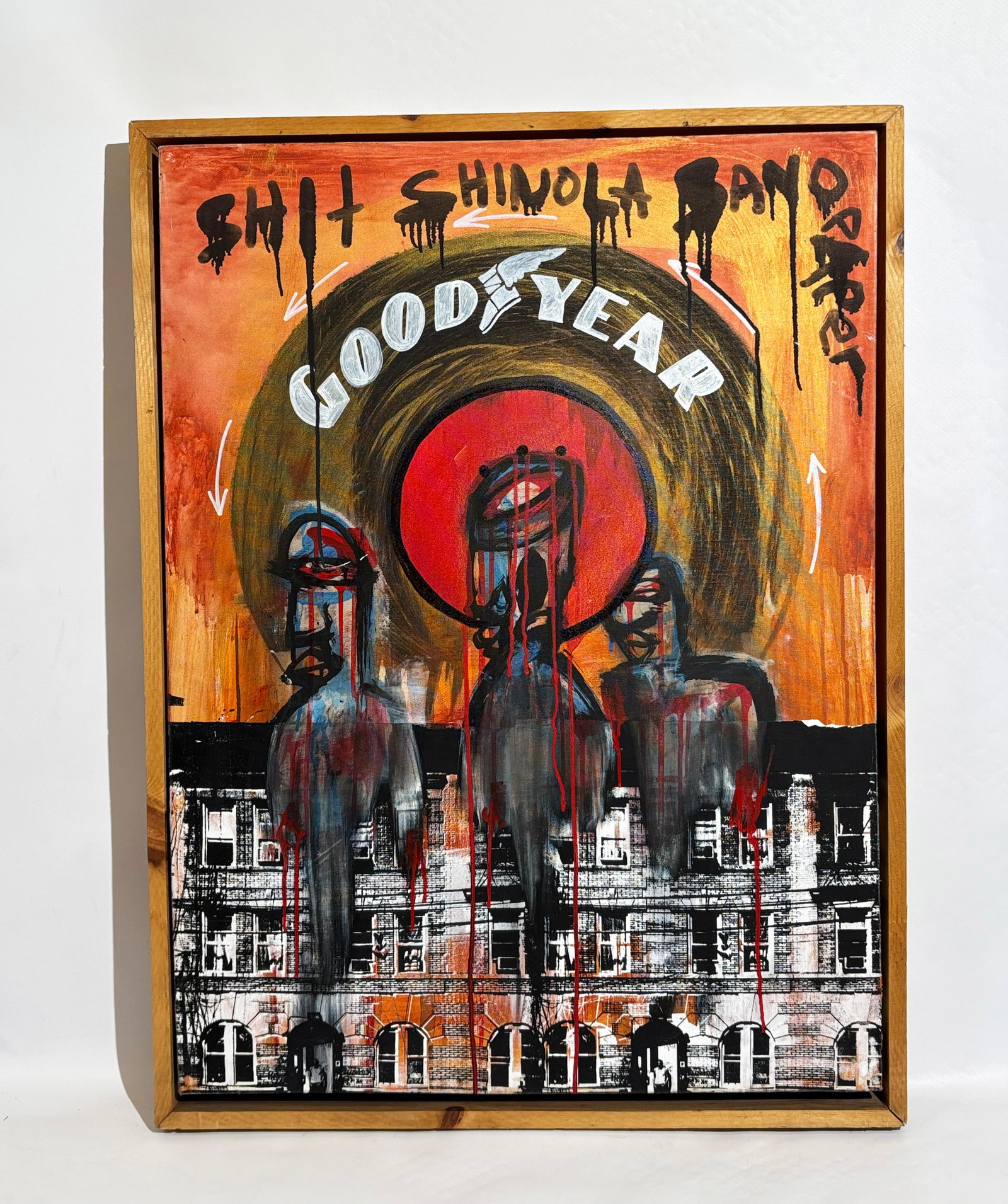 TMNK: Good Year; Mixed Media Graffiti On Canvas: Attributed to Scott Patterson (1968-2016 - also known as TMNK, "The Me Nobody Knows"), mixed media on canvas and stretcher with corner braces, the art recto with silk screen buildings to bottom and Go