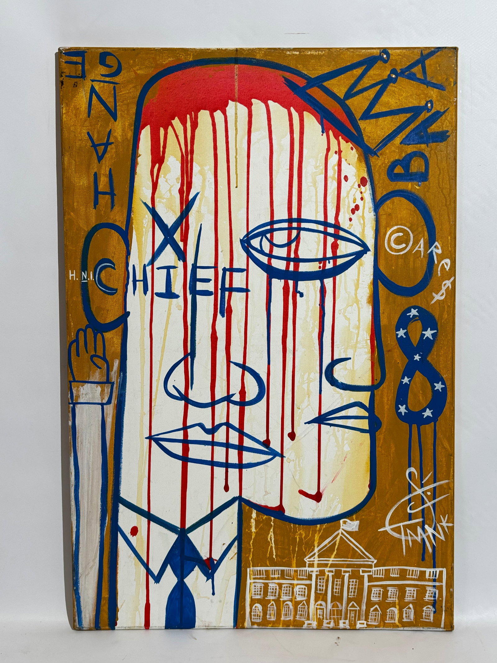 Signed TMNK Commander In Chief Graffiti Oil Canvas: Attributed to Scott Patterson (1968-2016 - also known as TMNK, "The Me Nobody Knows"), mixed media on canvas on stretcher, signed recto with crown and an image of Barack Obama and The White House with