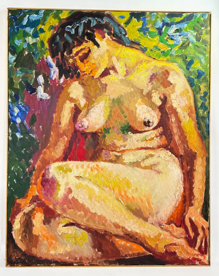 Carlo Levi Italian Female Nude 1958 Oil on Canvas: Carlo Levi (Italian, 1902-1975): Female Nude; oil on canvas signed to lower left corner recto twice to verso of canvas and dated 1958; framed with thin gold leaf molded strip edge. Height of art 36 in
