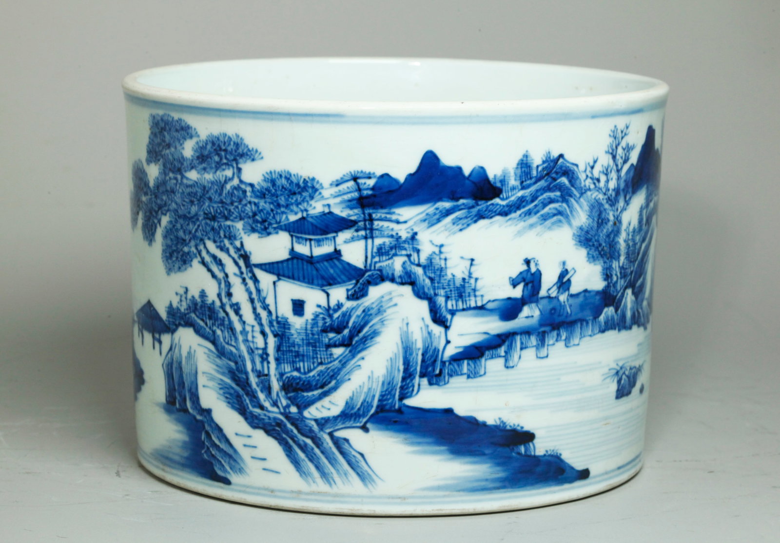 Chinese Blue & White Porcelain Bitong Brush Pot: Chinese Blue & White Porcelain Bitong Brush Pot well painted to the slightly waisted sides with a continuous Mountain Landscape with Lake, Fisherman in boat and Scholar with Assistant with Guqin appro