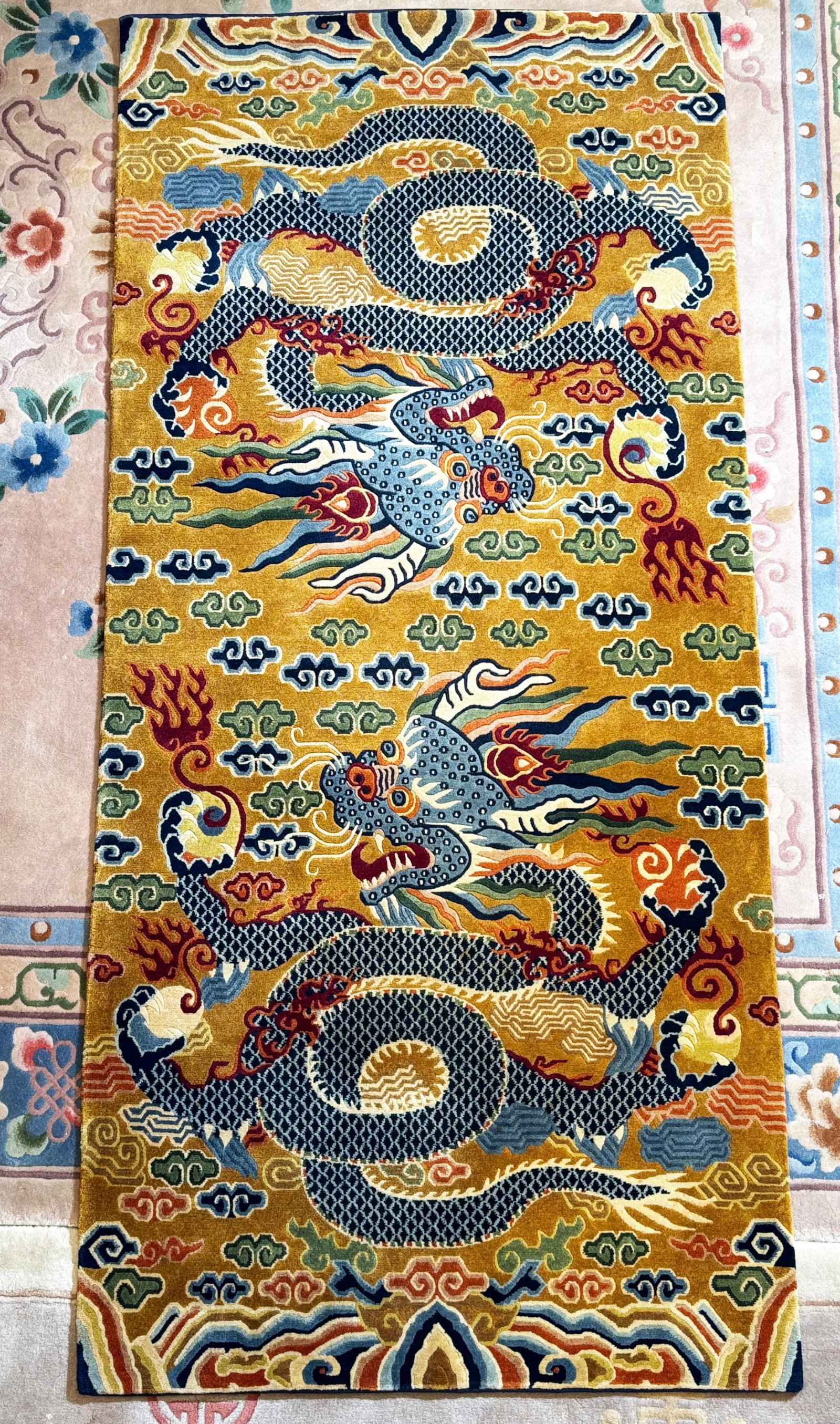 Tibetan Two Dragon Wool golden-yellow Carpet (1 of 6)