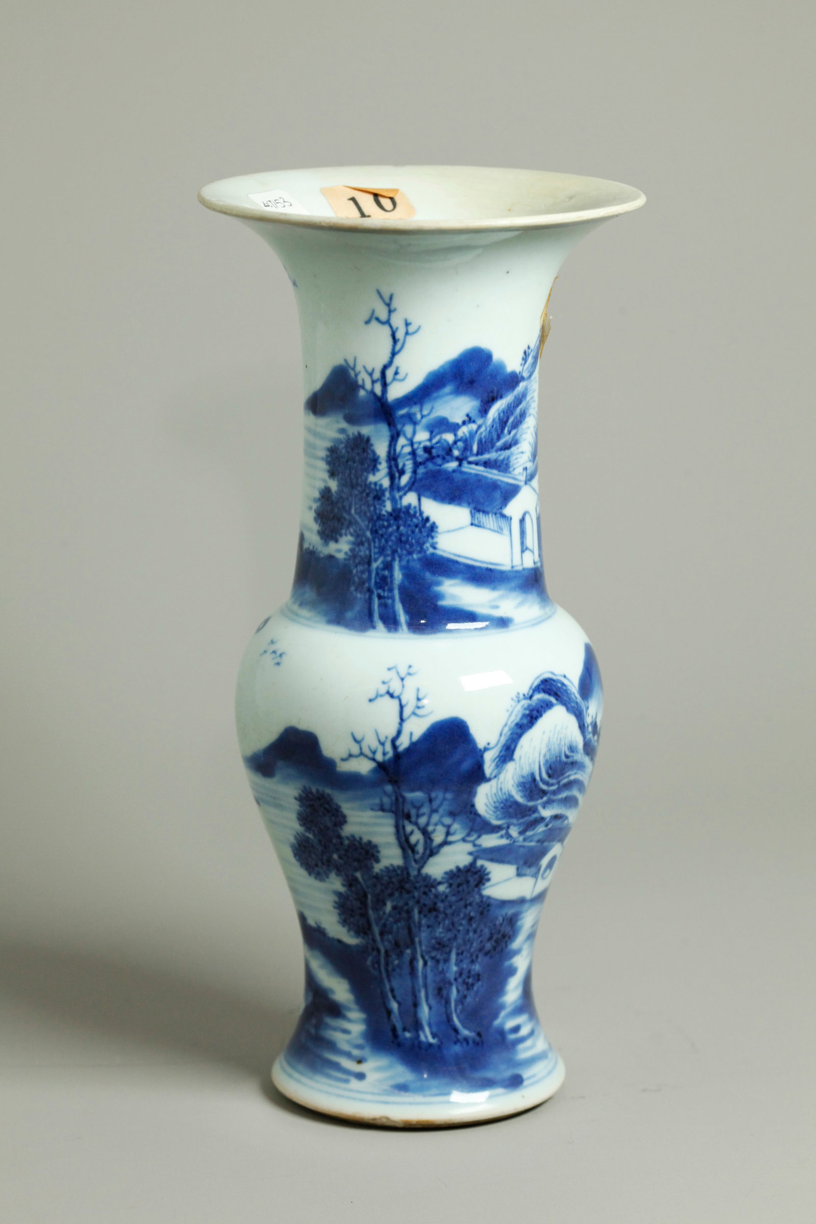 Chinese 18C Blue White Porcelain Phoenix-Tail Vase: Chinese 18th Century Blue & White Porcelain Phoenix Tail shaped Vase well designed with a mountain village landscape with 2 figures at a cliff over water; the recessed base with clear glaze and double