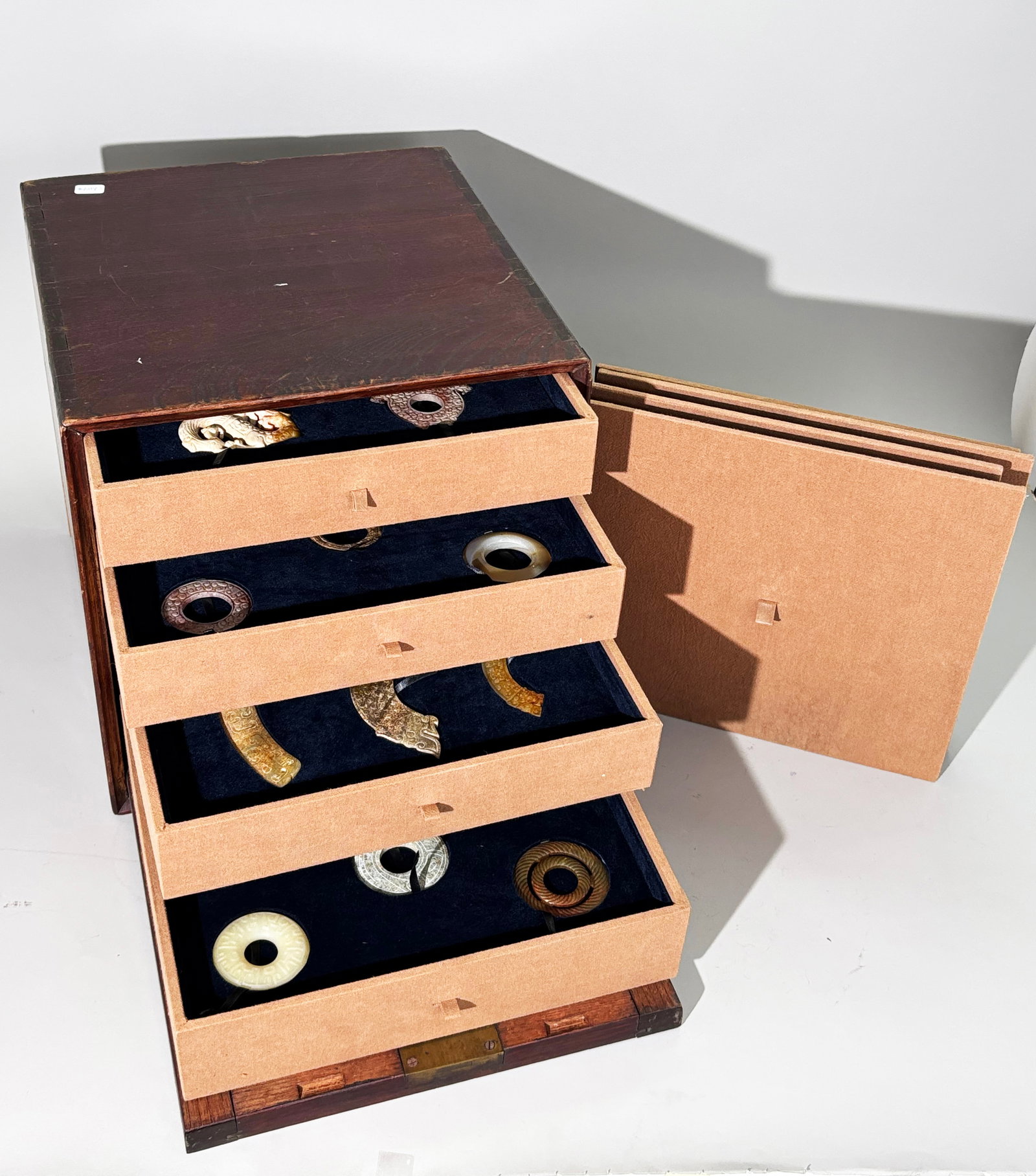 Chinese 4 Part Collector Box; 24 Archaistic Jades: Chinese 4 Part Fitted Collector Box holding 24 Archaistic Jades, Agates and Hard Stones: 2 drawers each with 6 various Bi Rings either plain polished or incised with lines, carving, calligraphy, etc; 