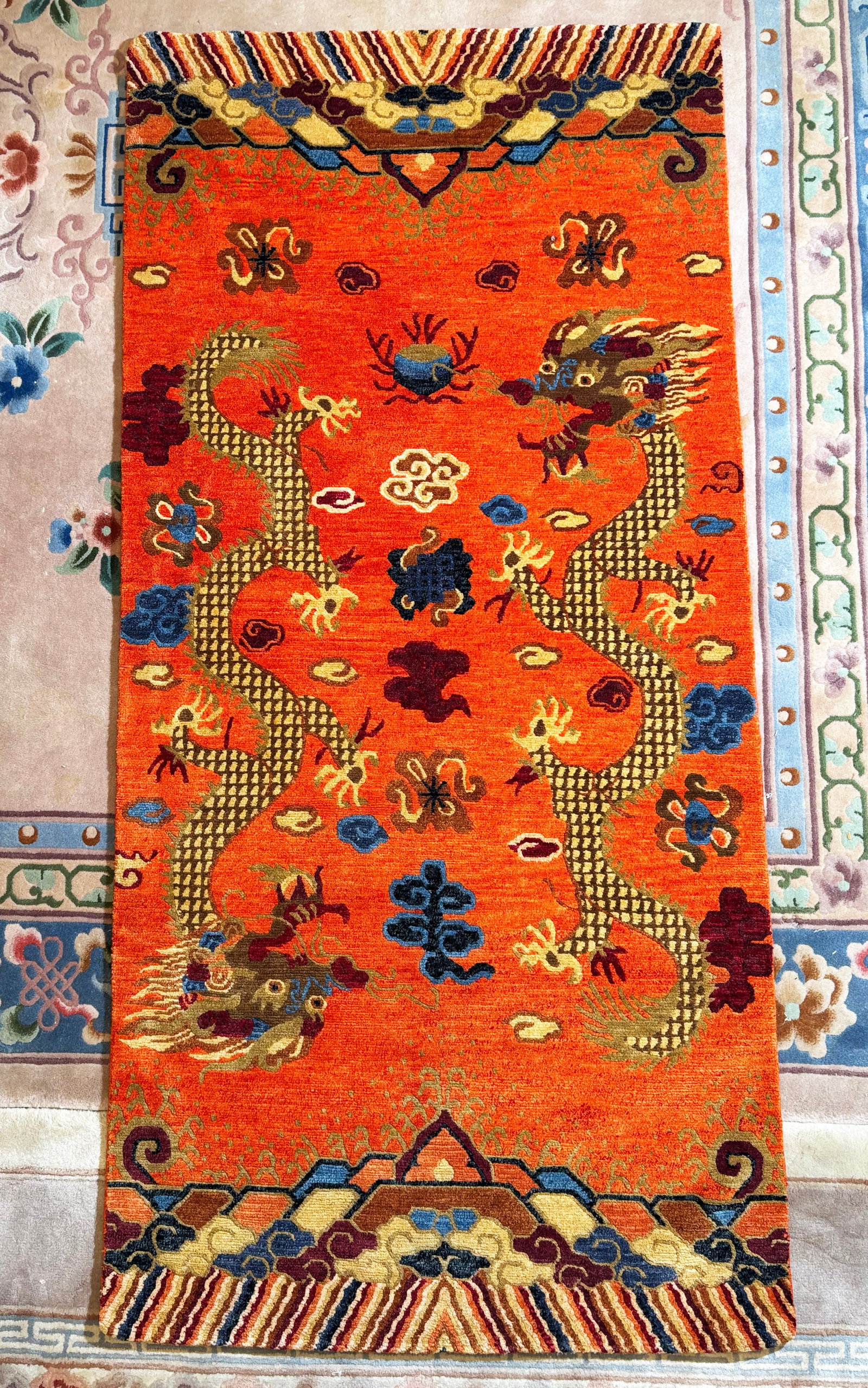 Tibetan Double Dragon Wool Saffron Carpet (1 of 6)