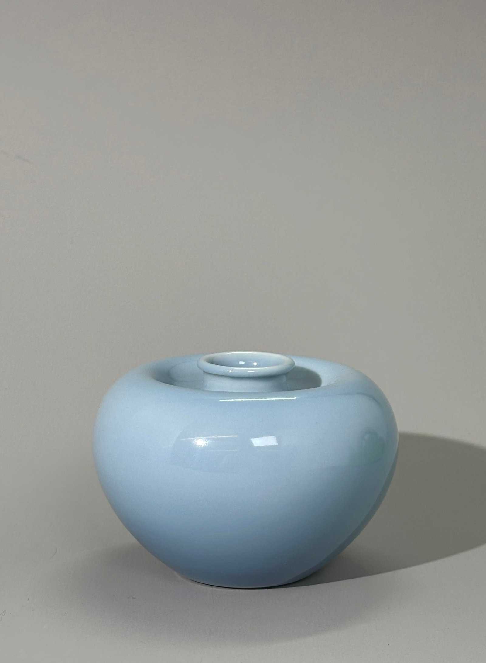 Chinese Clair De Lune Porcelain Apple Water Pot: Fine Chinese Pale Blue "Clair de Lune" Monochrome Porcelain Apple-shaped Water Pot (Pingguo-zun), the recessed base in clear glaze with 6 character horizontal Kangxi mark in underglaze blue. Height 3 