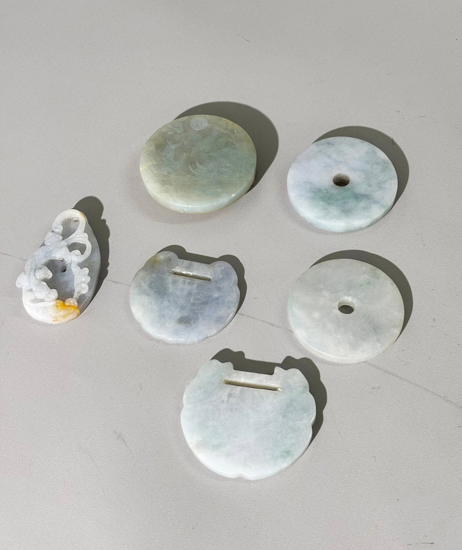 6 Chinese Jadeites; 5 Pendants & 1 Round Buckle (1 of 8)