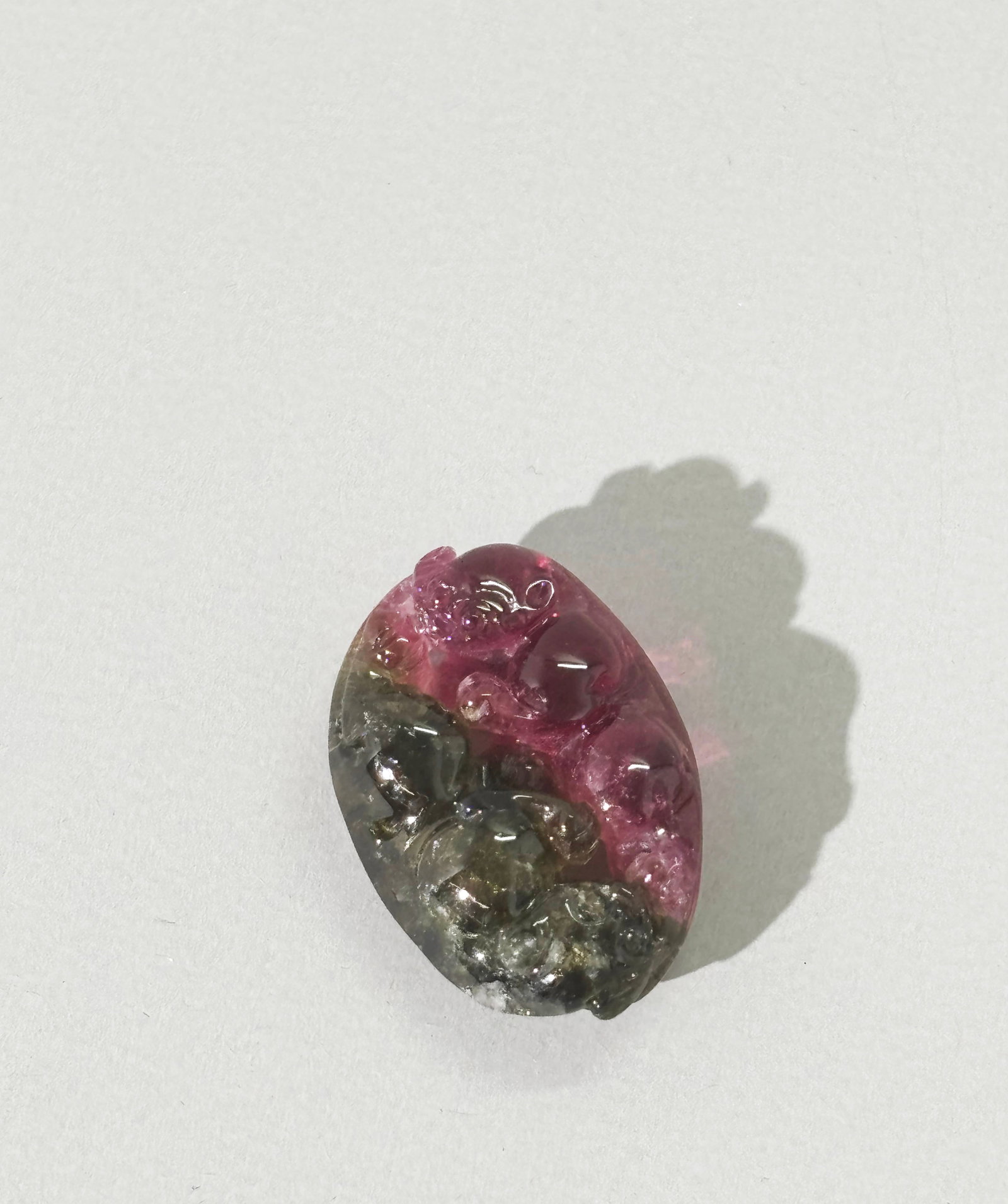 Chinese Watermelon Tourmaline Double Cat Pendant: Chinese Watermelon Tourmaline finely carved, pierced and polished as a Yinyang Double Cat Pendant with 1 cat using the pink of the gemstone and the other cat using the green and the piercings for susp