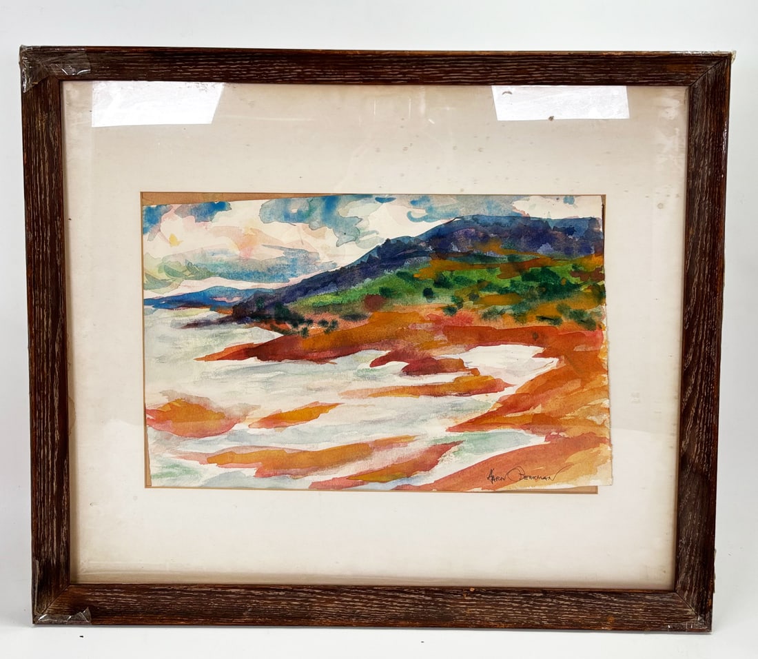 Aaron Berkman; Watercolor Landscape/Seascape: Aaron Berkman (American,1900-1991): Watercolor Landscape/Seascape on paper signed to lower right corner, titled "9. Low Tide" to back of frame; matted & framed. Height of art 12 inches X width of art 