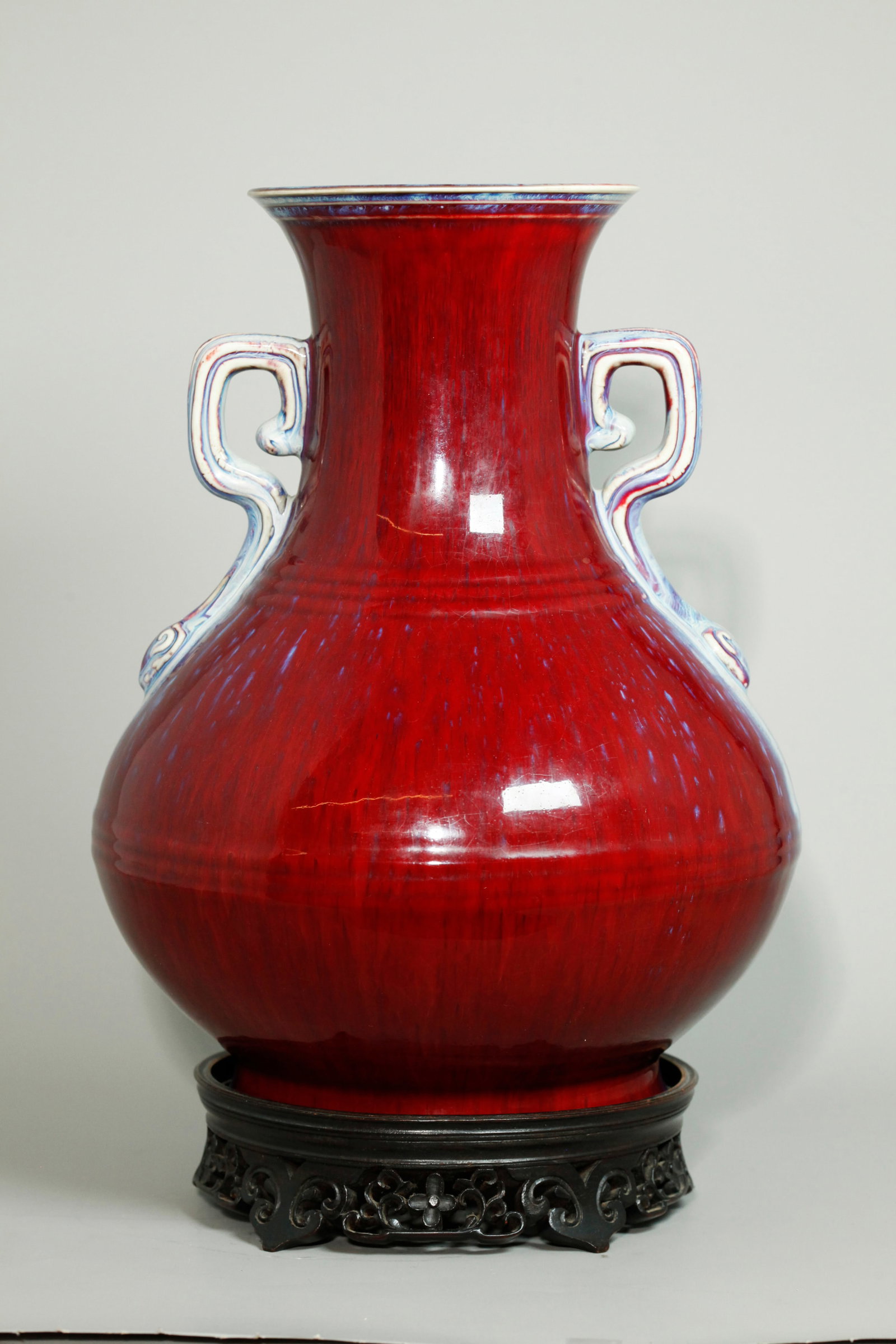Fine Lg Chinese Crackle Red Flambe Porcelain Vase: Fine Large Chinese Crackle underglaze Red & Flambe Porcelain Vase with Ruyi Scepter handles from neck to shoulder and around mouth with light flambe blue glaze, the base glazed in a mottled light brow