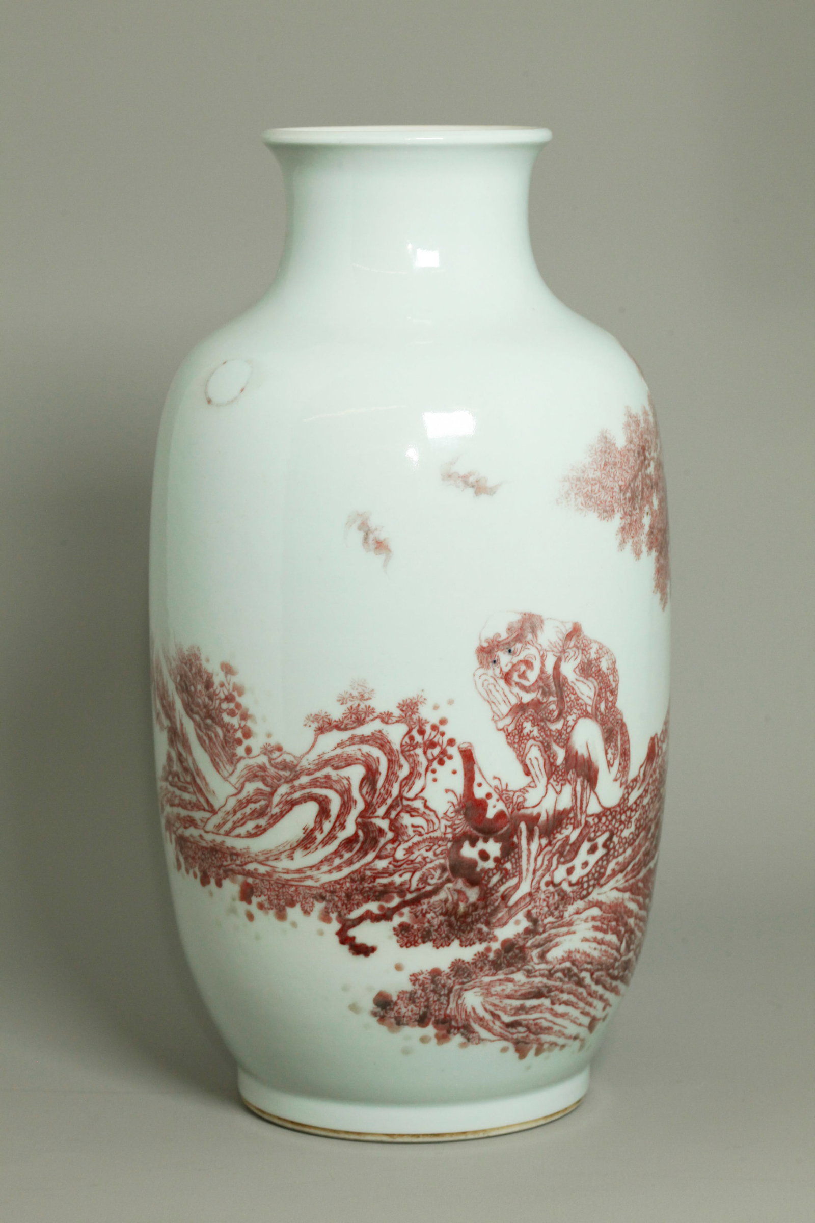 Fine Lg Chinese Underglaze Red Porcelain Vase: Fine Large Chinese Underglaze Red Porcelain lantern-shaped Vase well painted with Li Tieguai with underglaze blue eyes seated on an ancient Pine Tree with Double Gourd and Iron Crutch by his side as 2