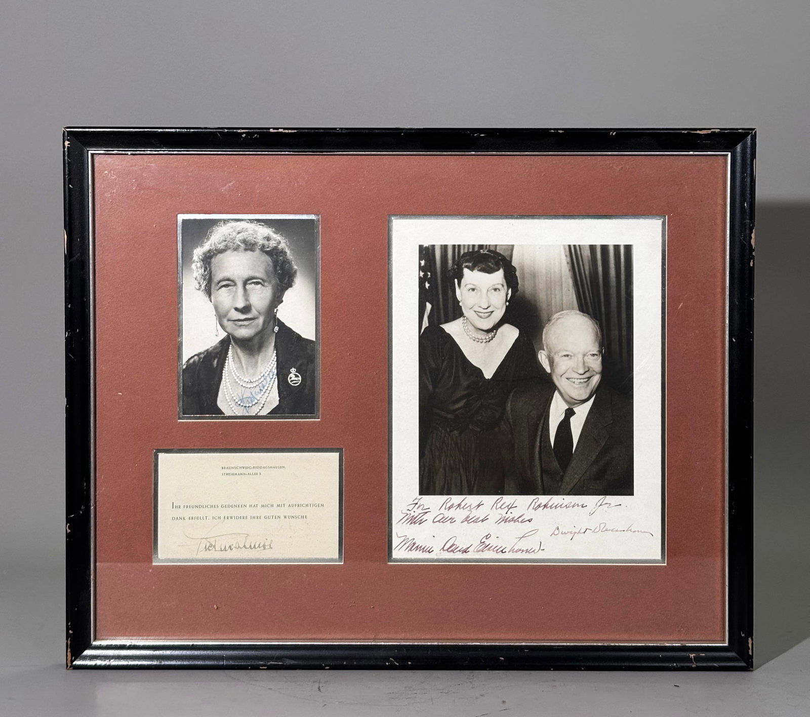 2 Autographs Duchess Brunswick 1 Eisenhowers: 2 Autographs of Princess Viktoria Luise of Prussia, Dowager Duchess of Brunswick (1892-1980) 1 in ink on a photograph and 1 in ink on a card printed with "Your kind thoughts have filled me with sincer