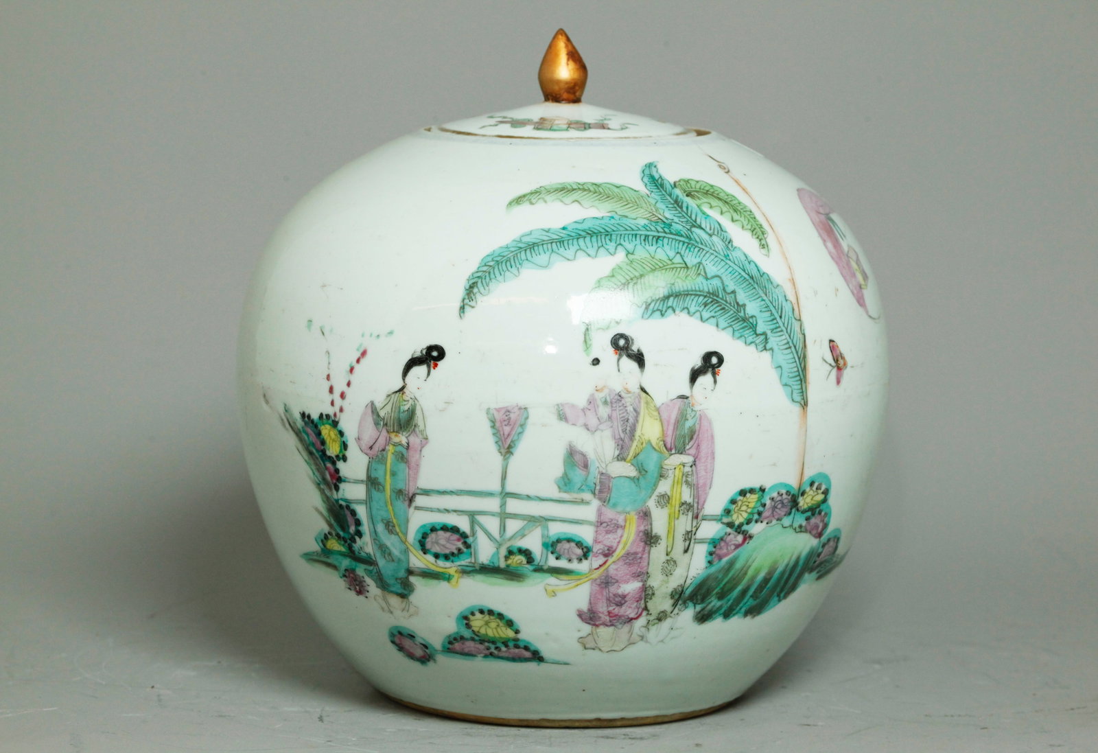 Chinese Famille Rose Enameled Porcelain Gourd Jar: Chinese Famille Rose pastel enameled Porcelain Gourd-shaped Jar with 3 Beautiful Ladies in a Fenced Garden near building showing books through "moon" window with black calligraphy to the reverse, the 