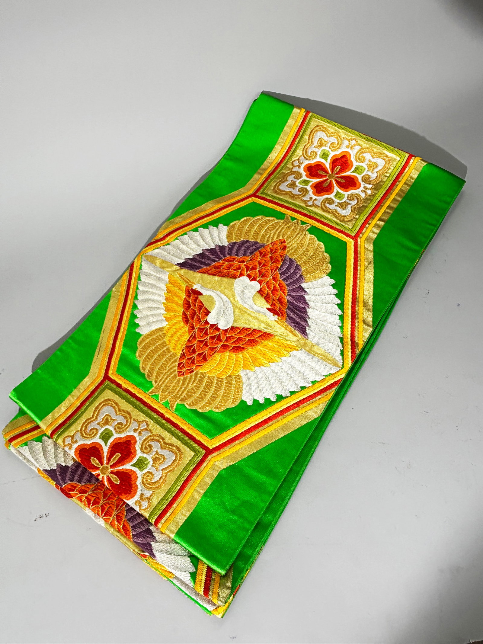 Japanese Vintage Gilt & Silk Dbl Crane Obi Sash (1 of 6)