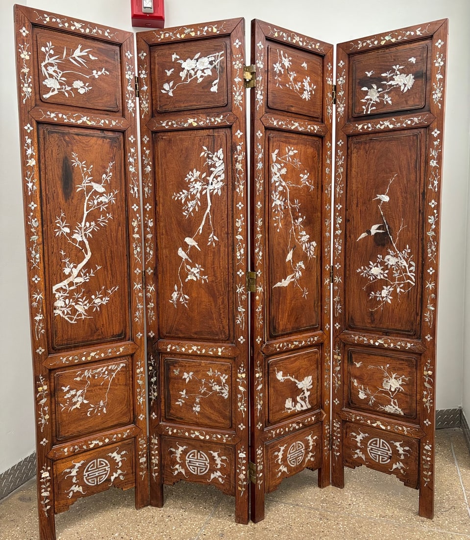 Chinese 4 Panel Inlaid Hard Wood Folding Screen (1 of 8)