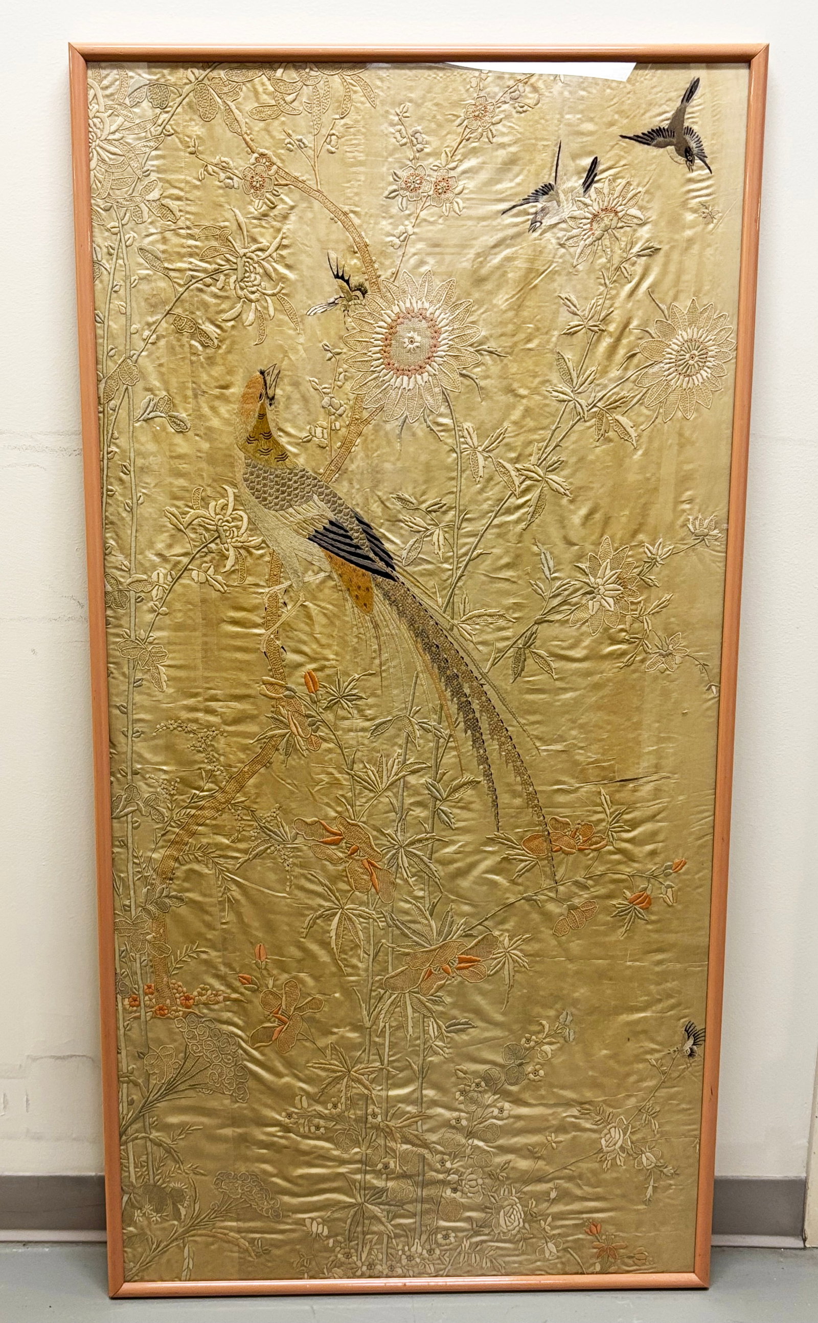 Large Chinese Bird & Flowers Silk Embroidery (1 of 5)