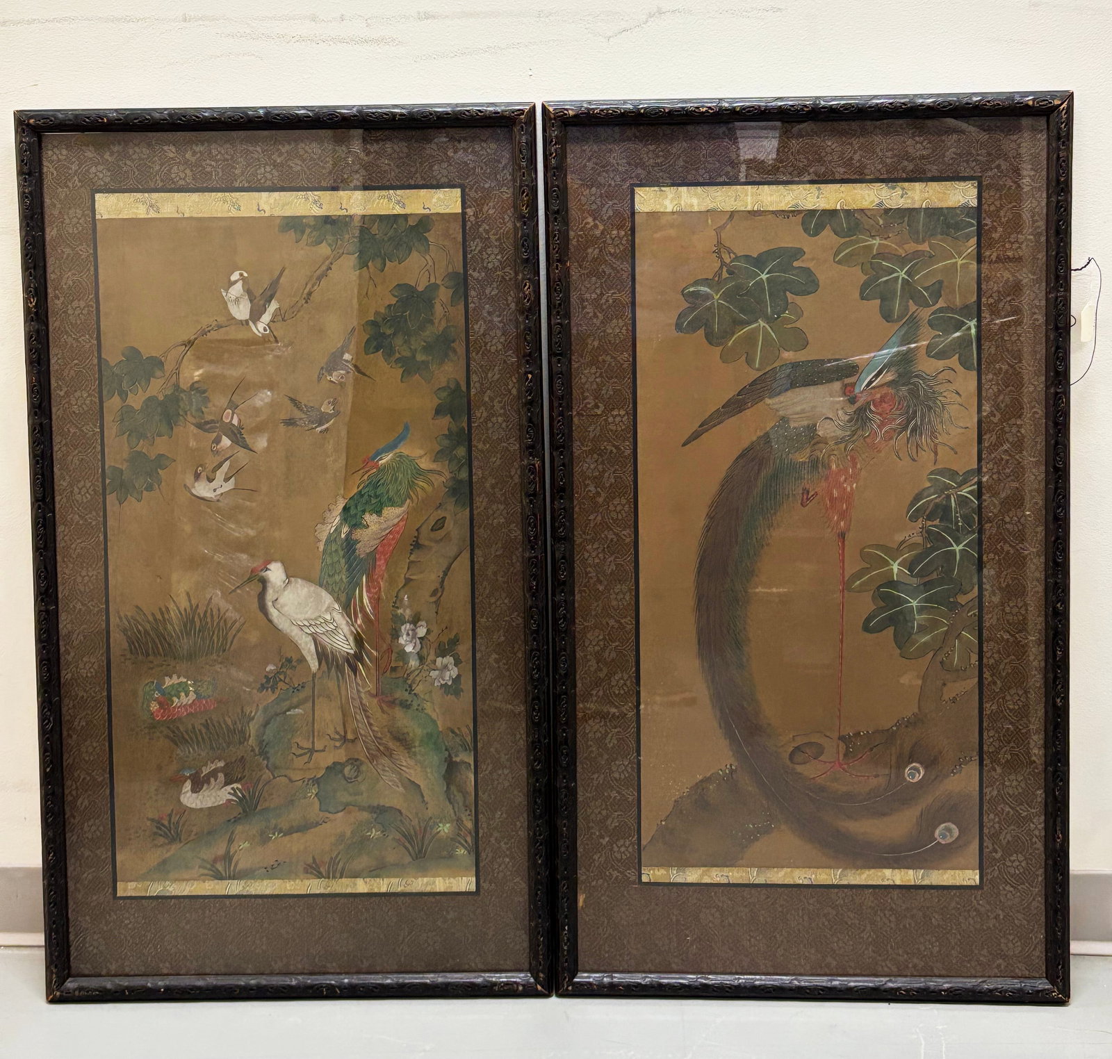 2 Chinese Paintings on Silk; Phoenix & Bird Pairs (1 of 8)