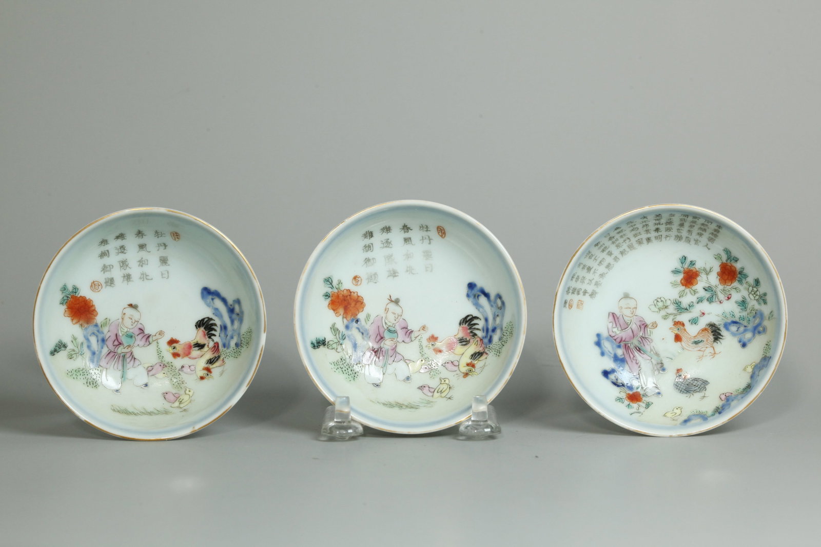 3 Rare Chinese Porcelain Boy & Chicken Sm Plates (1 of 5)