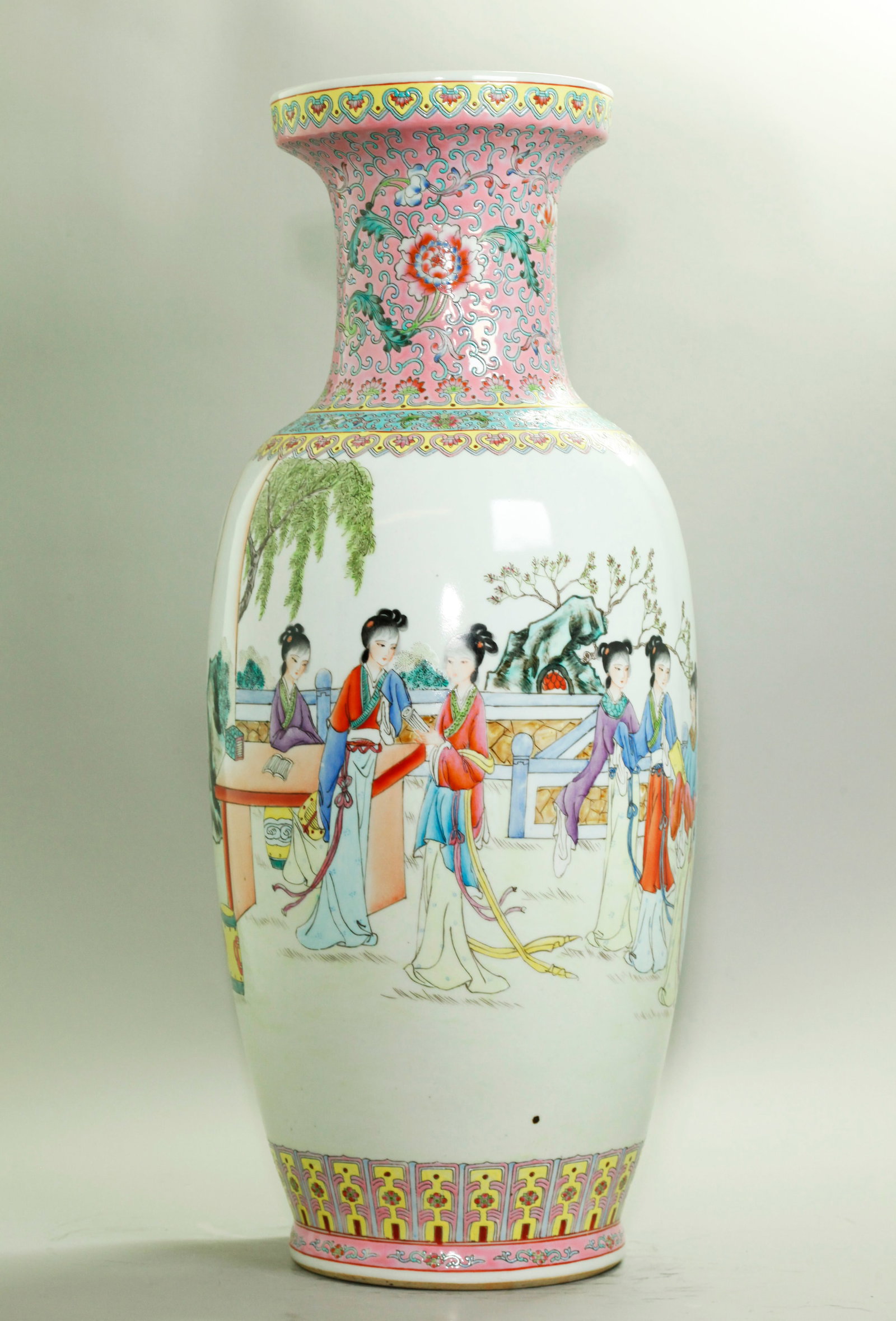 Lg Chinese Enamel Porcelain Garden Ladies Vase: Large Chinese Famille Rose Enameled Porcelain Garden Ladies Vase with 7 on a Garden Terrace and 1 further girl in a "moon" window, all between bands of pink turquoise and yellow; the reverse with call