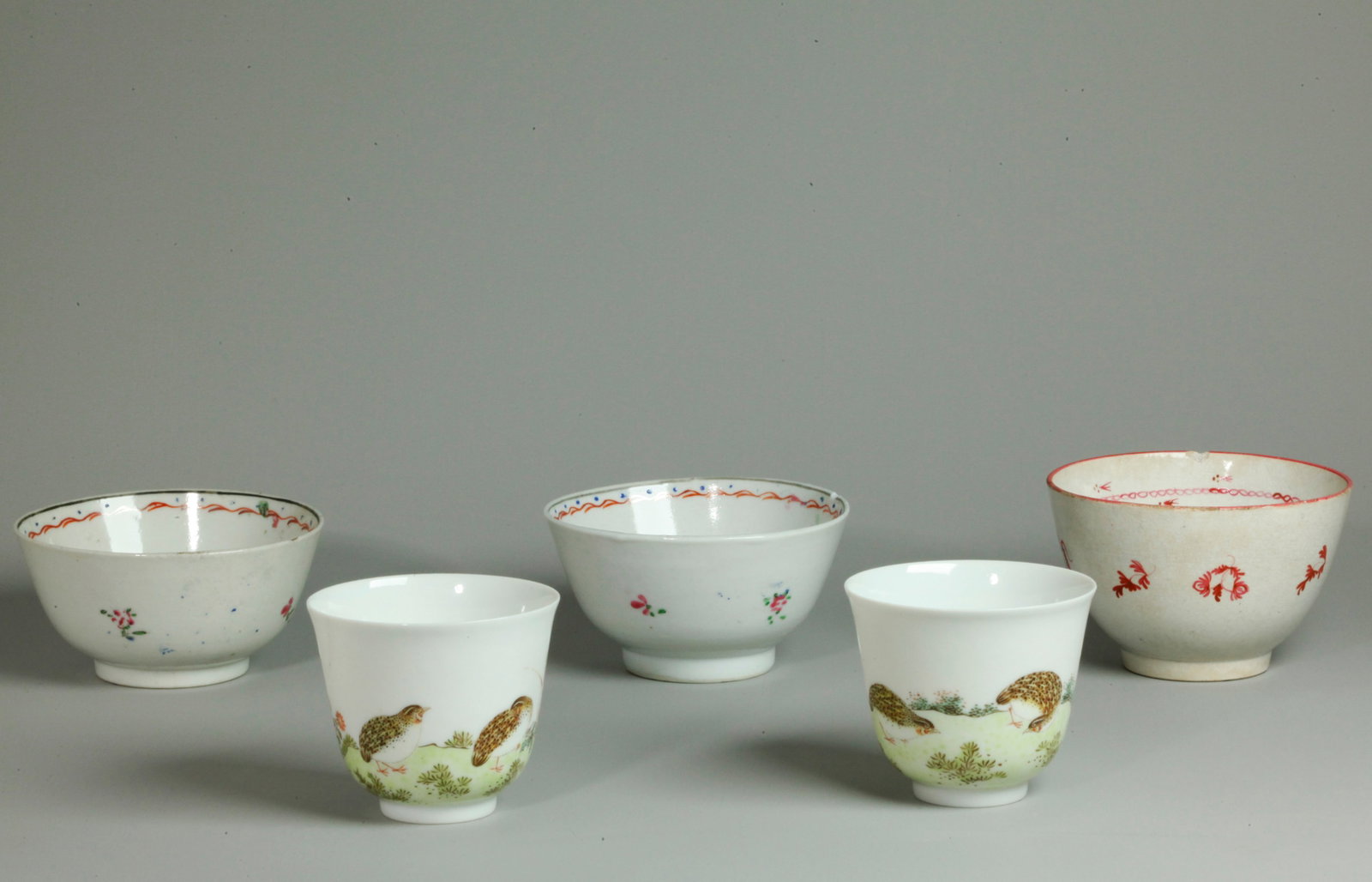 4 Chinese Porcelain Teacups; 1 Staffordshire: 4 Chinese Porcelain Teacups, a pair of egg-shell cups with an opposing design of 2 Quail in flowers and grass with a 4 character seal mark to bases; together with a pair of Chinese 18th Century Export