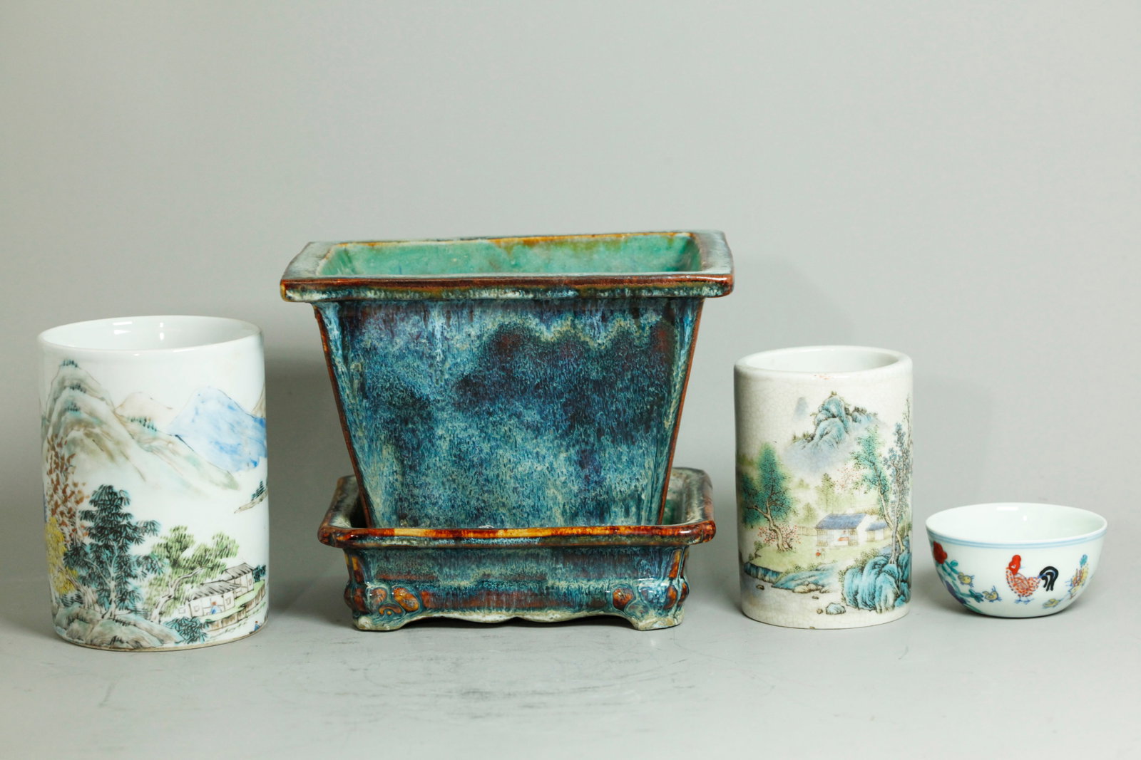 4 Chinese Ceramics: 2 Bitong, Cup, Jun Planter (1 of 6)