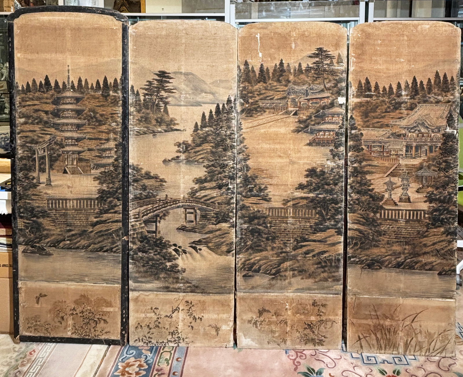 Japanese Woven & Pile 4 Panel Screen Temple View: Japanese cord woven & velvet Pile apparently silk, 4 Panel Screen painted with ink and colors forming a Mountain Lake View Temple Compound with Pagoda, connected by walkways and bridge, with 4 added b