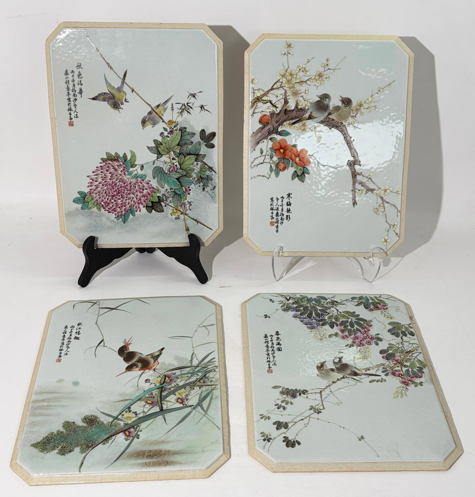 4 Chinese Artist Enamel Porcelain Bird Plaques: 4 Chinese Artist Enamel Porcelain Bird Plaques each rectangular with canted corners and an unglazed mounting edge; each with 2 different birds and exotic flowers or flowering branches and a calligraph