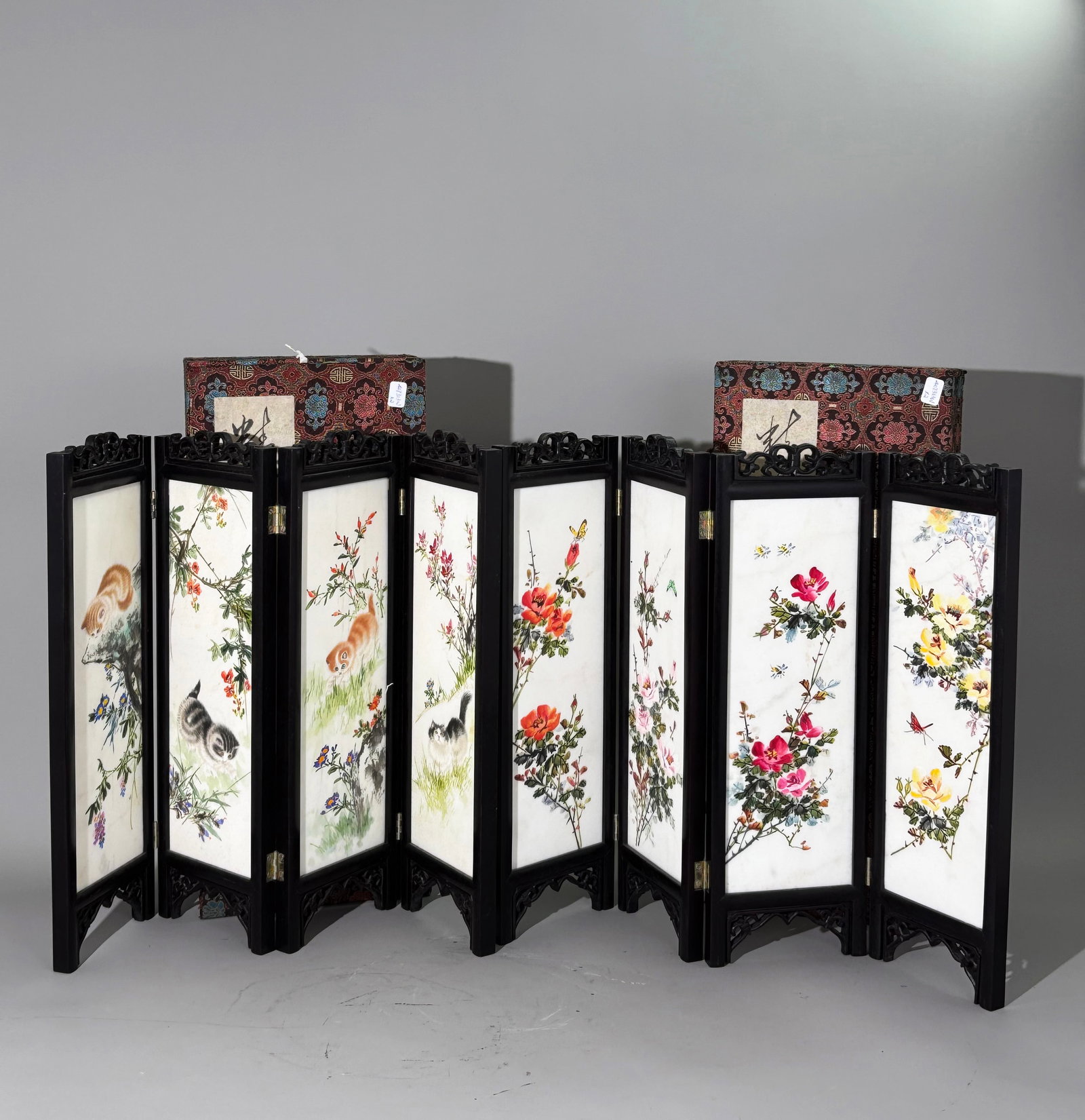 2 Chinese Painted Panel White Marble Table Screen (1 of 10)