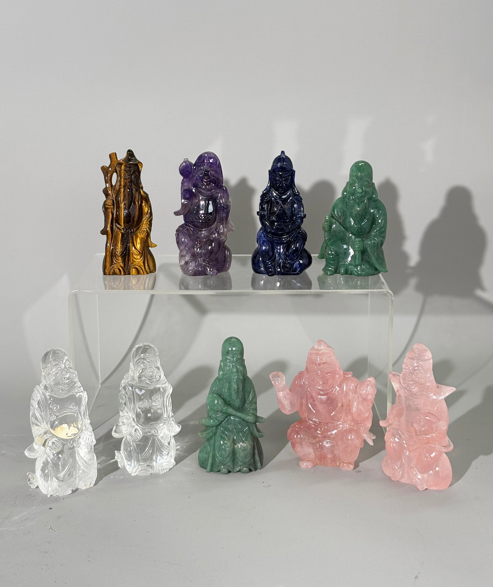 6 Chinese Immortals 3 Japanese All Hard Stone: 6 Chinese Immortals: 2 Budai Buddhas sitting on Sack in lear-flawless rock crystal quartz, 2 Ancient Scholars with scroll or Fly Whisk in Chrysoprase, 1 with staff in hooded robe in tiger eye, and 1