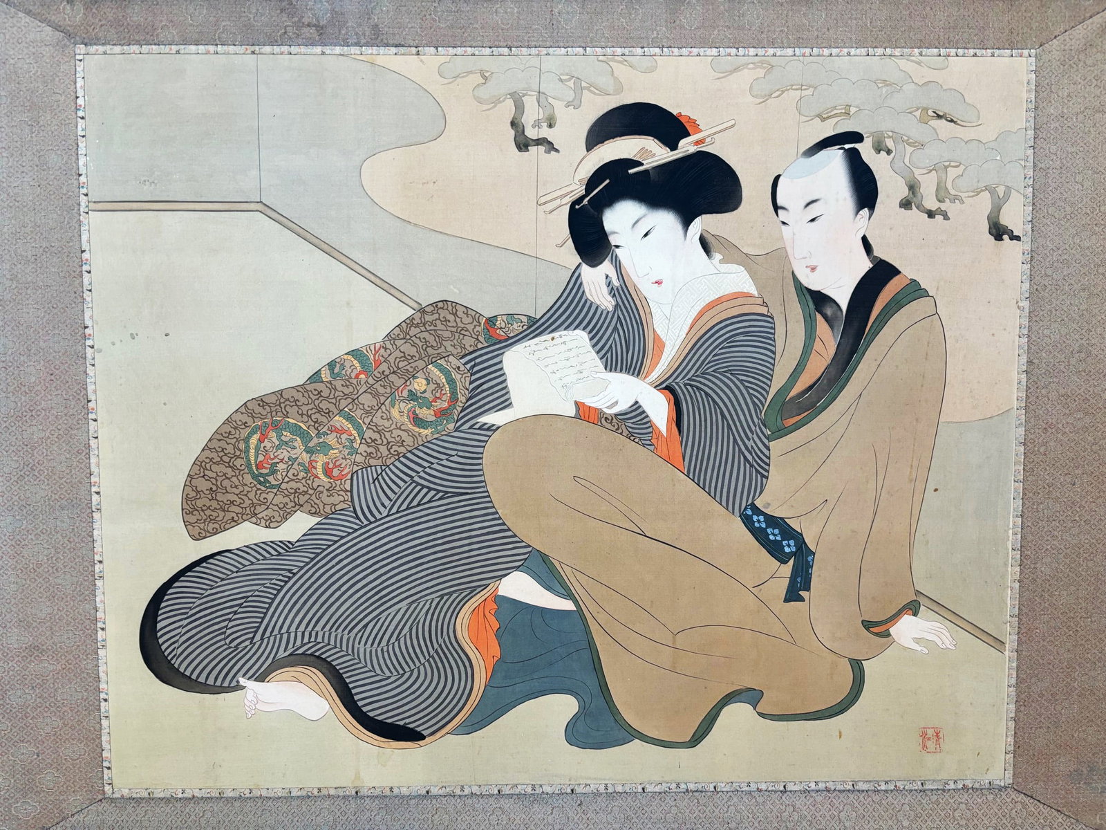 Japanese 2 Panel Romantic Shunga Low Screen - 2